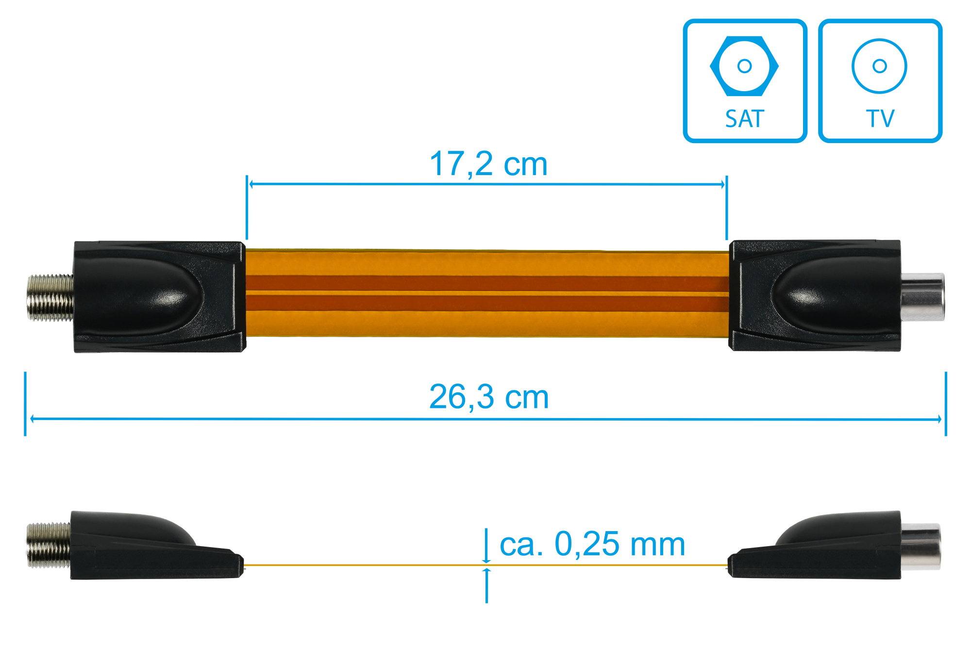 SAT/TV window feed-through High-Quality, F socket to IEC/coax socket, total length 26,3cm, flexible length 17,2cm, transparent, Good Connections®