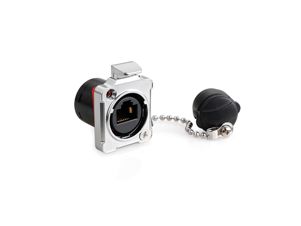 Industrial Connector S2 - RJ45 feed-through coupler with locking mechanism and flange, RJ45 jack on both sides, metal, M24, IP67, Good Connections®