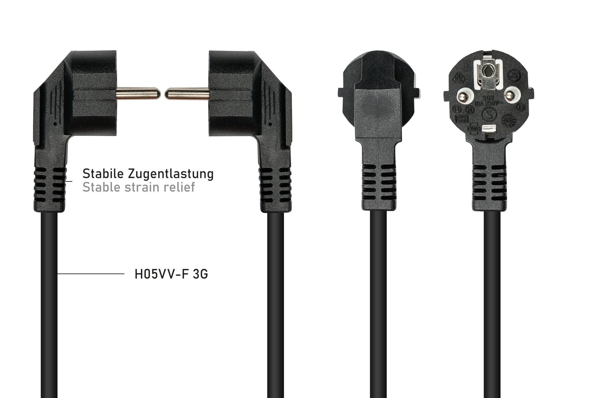 kabelmeister® W-Netzkabel Schutzkontakt-Stecker Typ E+F (CEE 7/7, gewinkelt) an 3x Buchse, schwarz, 0,2m