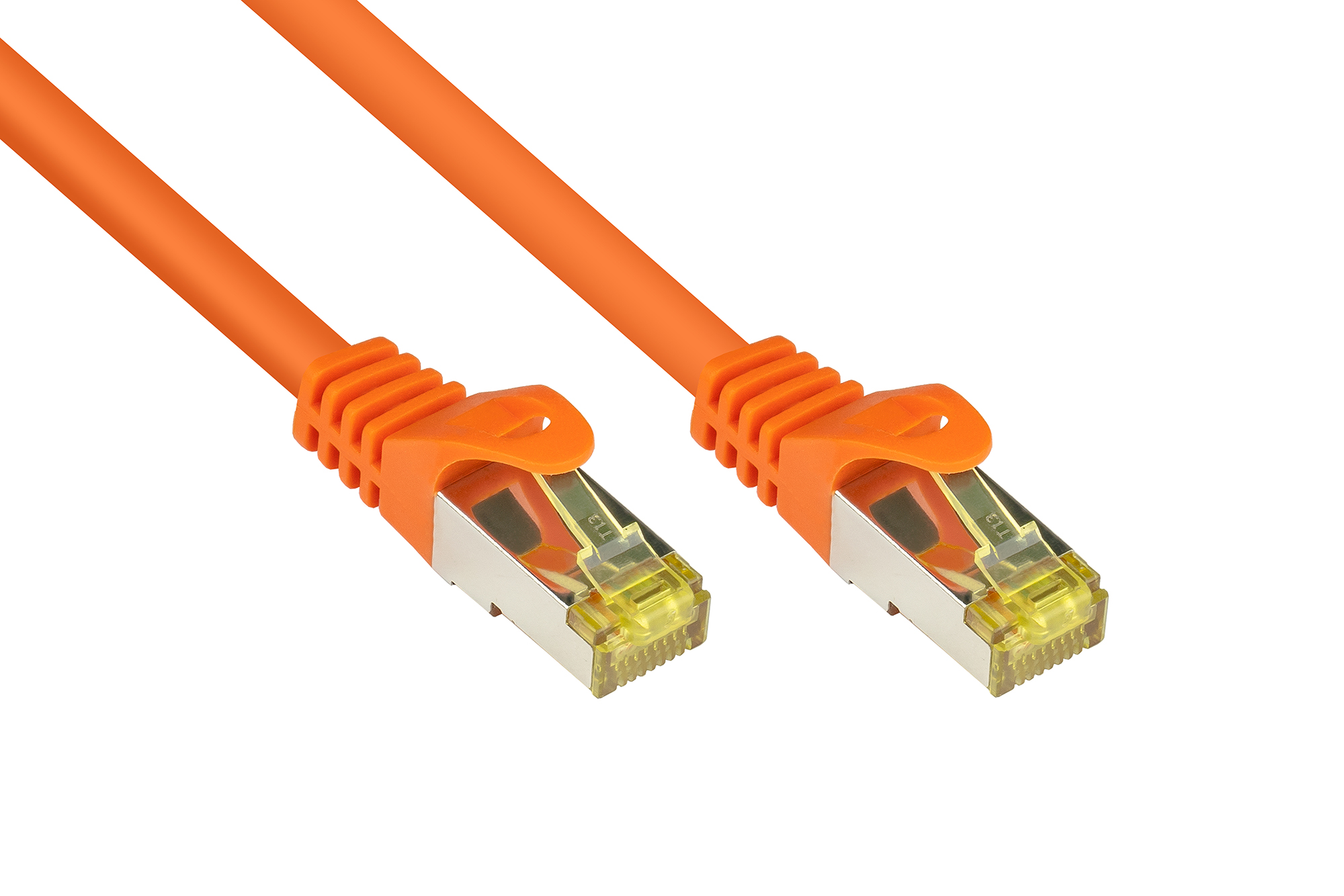 RJ45 Patchkabel mit Cat. 7 Rohkabel und Rastnasenschutz (RNS®), S/FTP, PiMF, halogenfrei, 500MHz, OFC, orange, 10m, Good Connections®