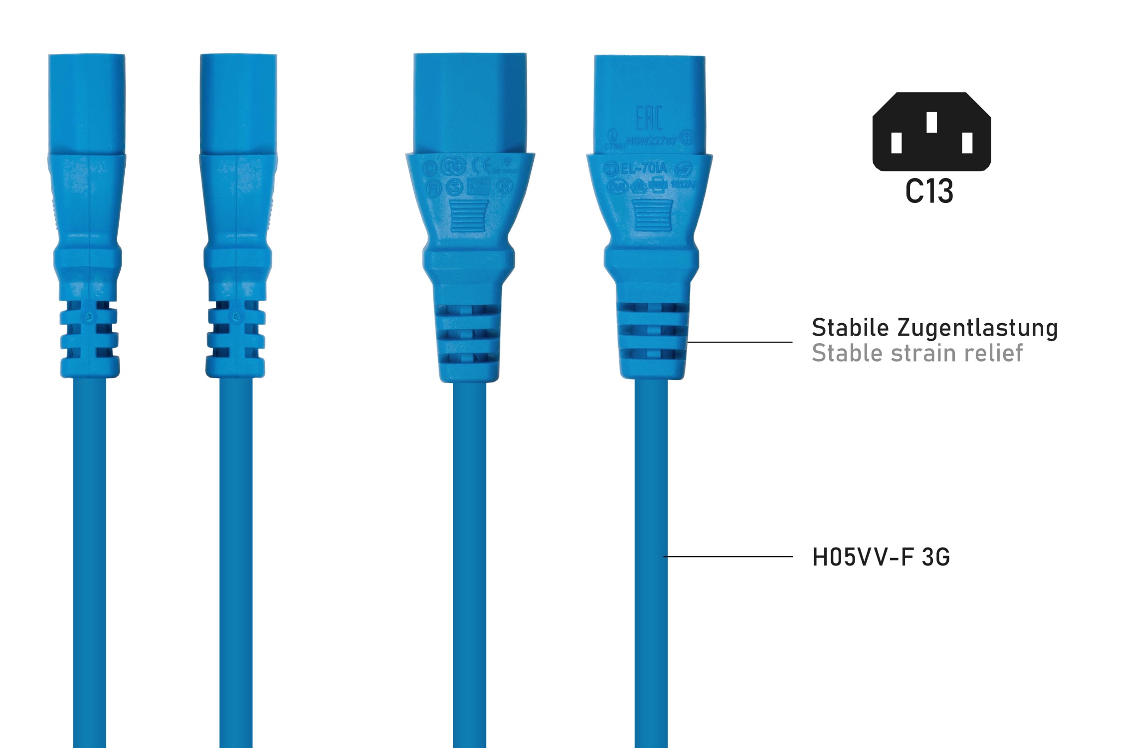 kabelmeister® Kaltgeräteverlängerung Kaltgeräte-Stecker C14 an Kaltgeräte-Buchse C13, blau, 0,75mm², 1m