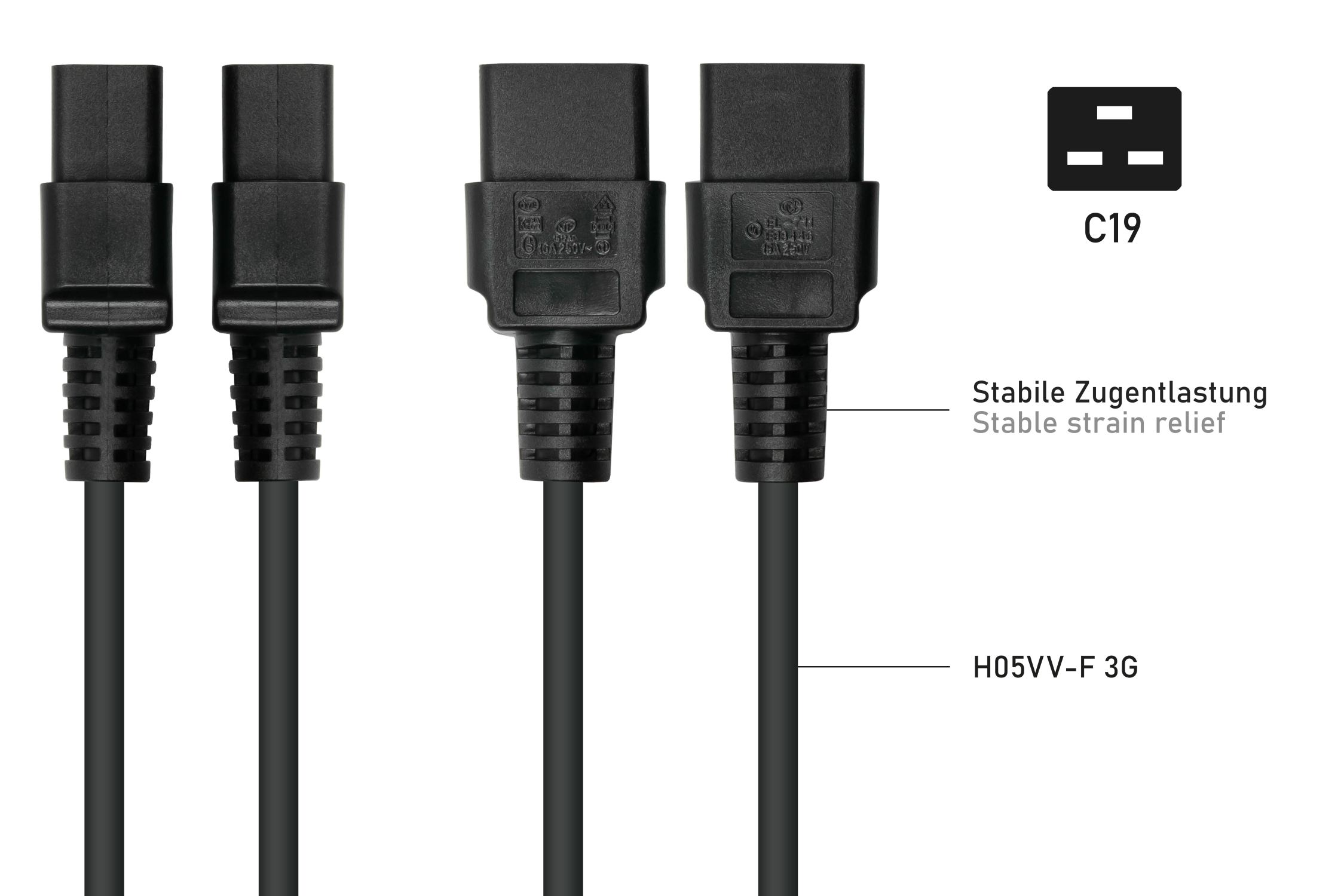 kabelmeister® Netzkabel Schutzkontakt-Stecker Typ E+F (90° gew.) an Kaltgeräte-Buchse C19, schwarz, 1,00mm², 0,5m