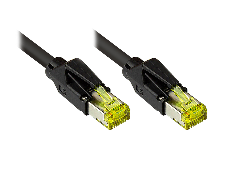 Patchkabel mit Cat. 7 Draka UC900 Rohkabel (900MHz) und Hirose TM31 Stecker (500MHz) beidseitig, S/FTP, PiMF, halogenfrei (LSZH), KUPFER, schwarz, 11m