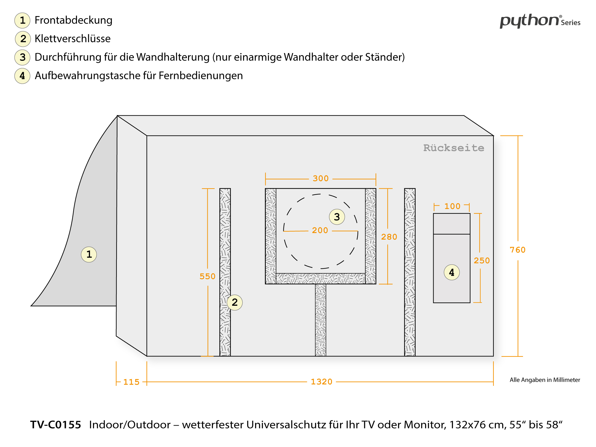 Python® Series TV-Cover Indoor/Outdoor – wetterfester Universalschutz for Ihr TV or Monitor, 132x76 cm, 55“ up to 58“