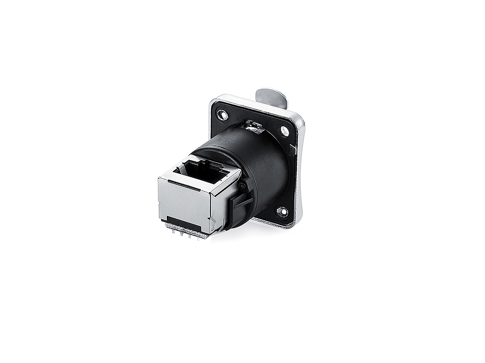 Industrial connector S6 - RJ45 feed-through coupling with click lock, RJ45 socket on both sides, angled at the top, metal, M24, Good Connections®