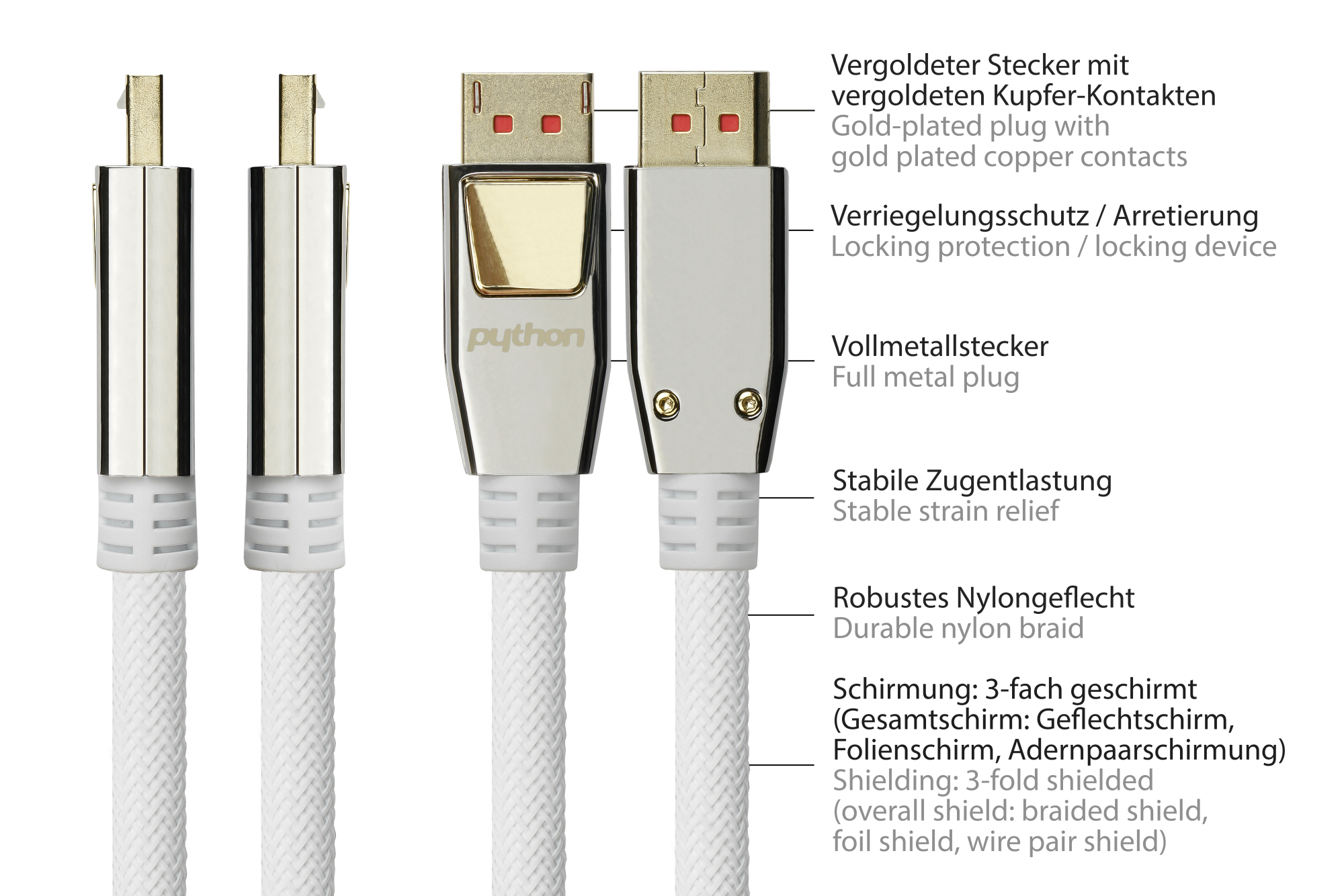 DisplayPort 1.4 to HDMI 2.0 cable, 4K / UHD @60Hz, full metal plugs, gold-plated contacts, OFC, nylon mesh, white, 1m, PYTHON® Series