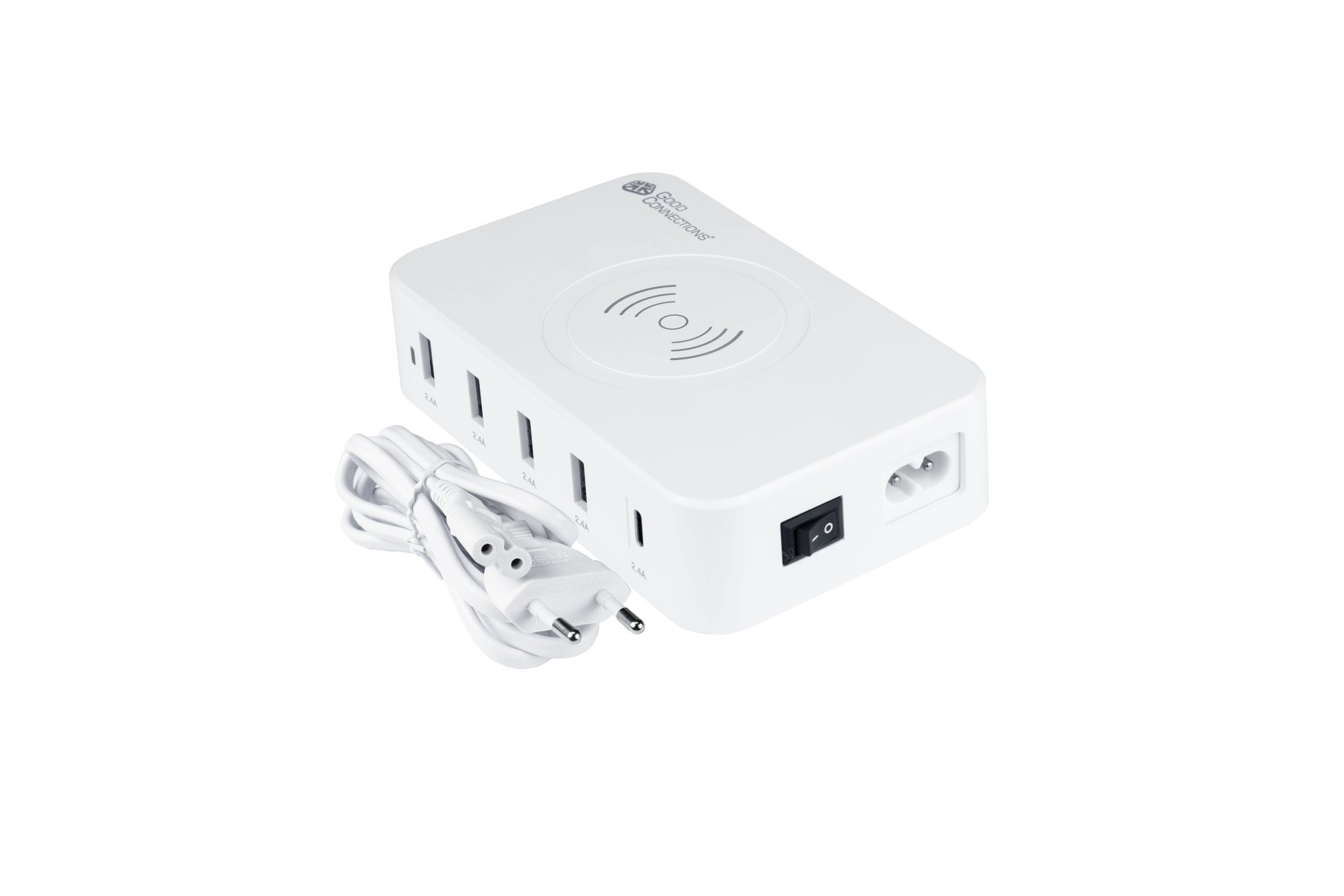 USB desktop charging station 60W, 5 port (1x USB-C™ and 4x USB-A), 10W Qi wireless charging, white, Good Connections®