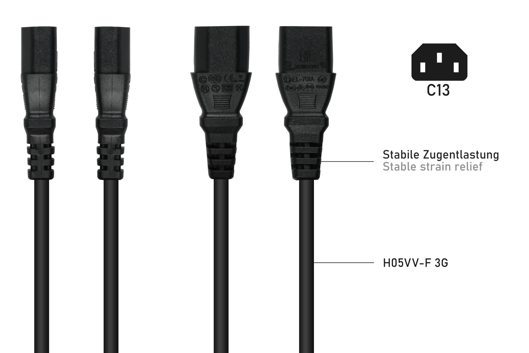 kabelmeister® Netzkabel Schutzkontakt-Stecker Typ E+F (CEE 7/7, gewinkelt) an Kaltgeräte-Buchse C13 (gerade), schwarz, 1,00mm², 3m