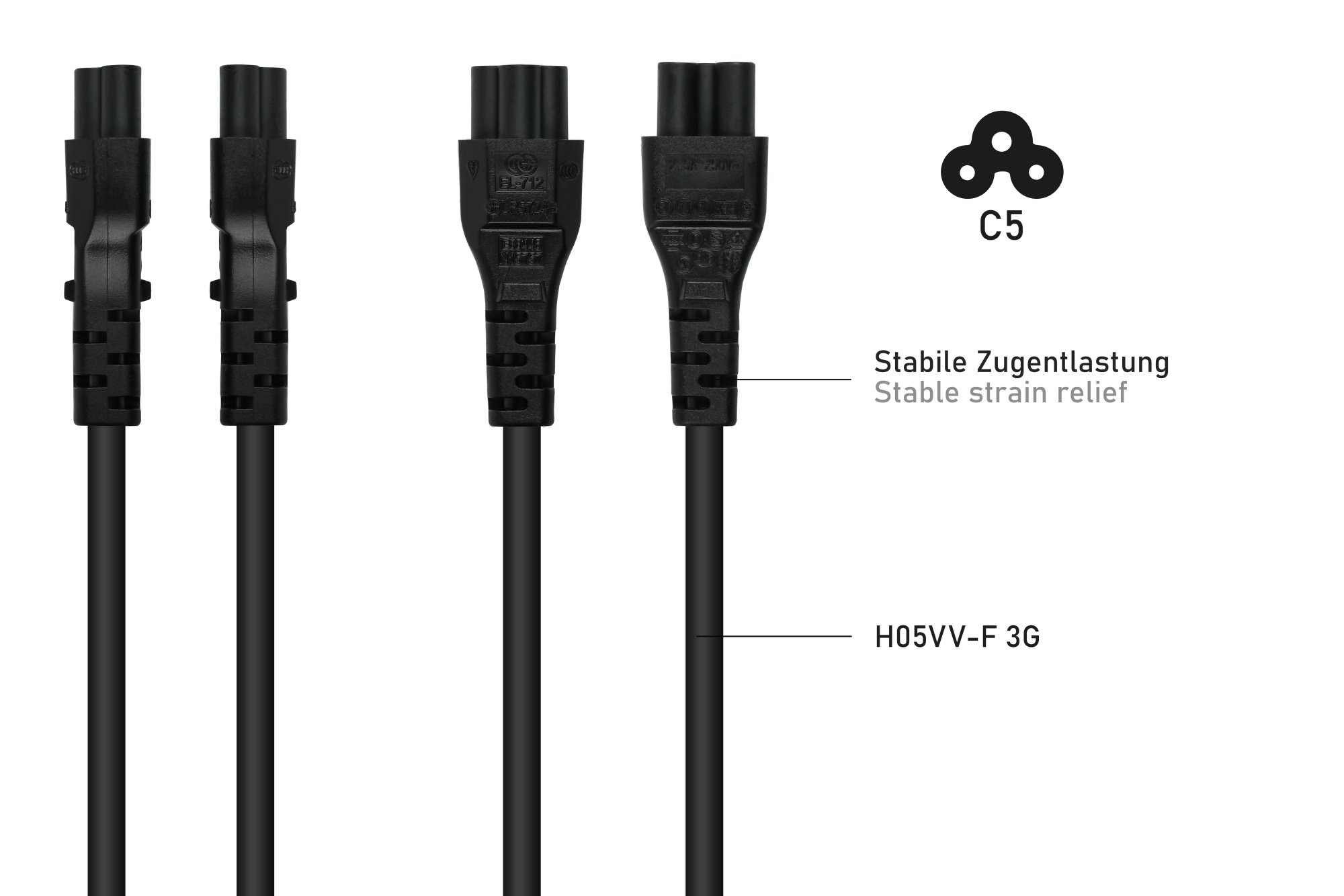 Power cable Switzerland plug type J (SEV 1011) to IEC socket C5, black, 0,75mm², 1,8m
