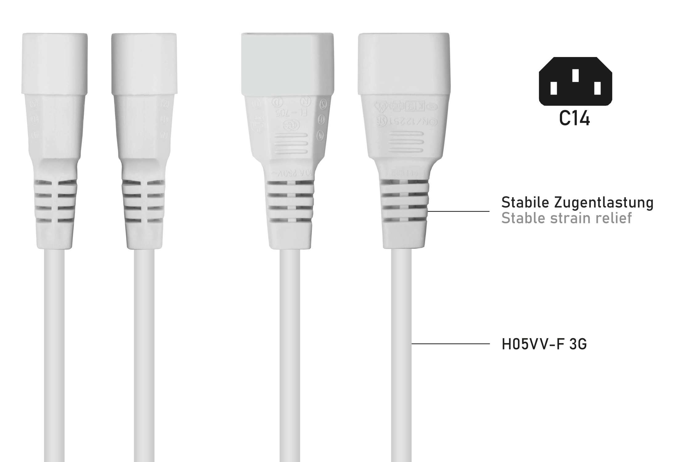 kabelmeister® Kaltgeräteverlängerung Kaltgeräte-Stecker C14 an Kaltgeräte-Buchse C13, weiß, 0,75mm², 2m