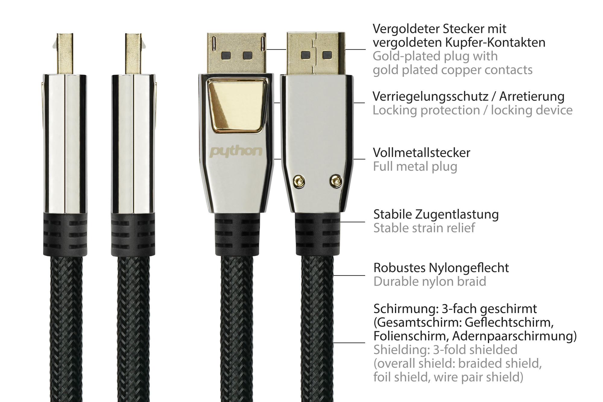 DisplayPort 1.2 cable, 4K / UHD @60Hz, full metal plug, gold-plated contacts, OFC, nylon mesh black, 10m, PYTHON® Series