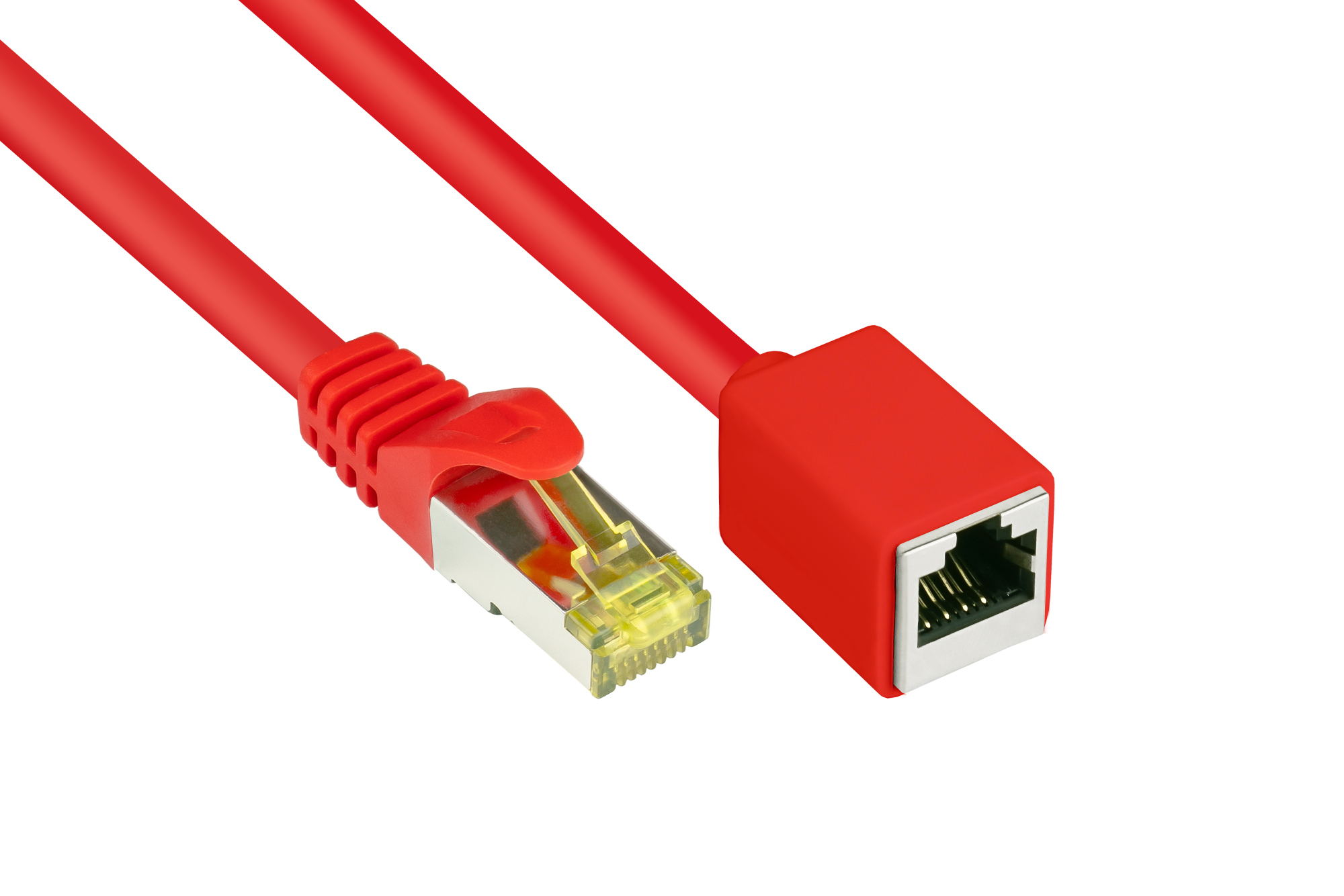 RJ45 Patchkabelverlängerung mit Cat. 7 Rohkabel und Rastnasenschutz (RNS®), S/FTP, PiMF, halogenfrei, 500MHz, OFC, rot, 3m, Good Connections®