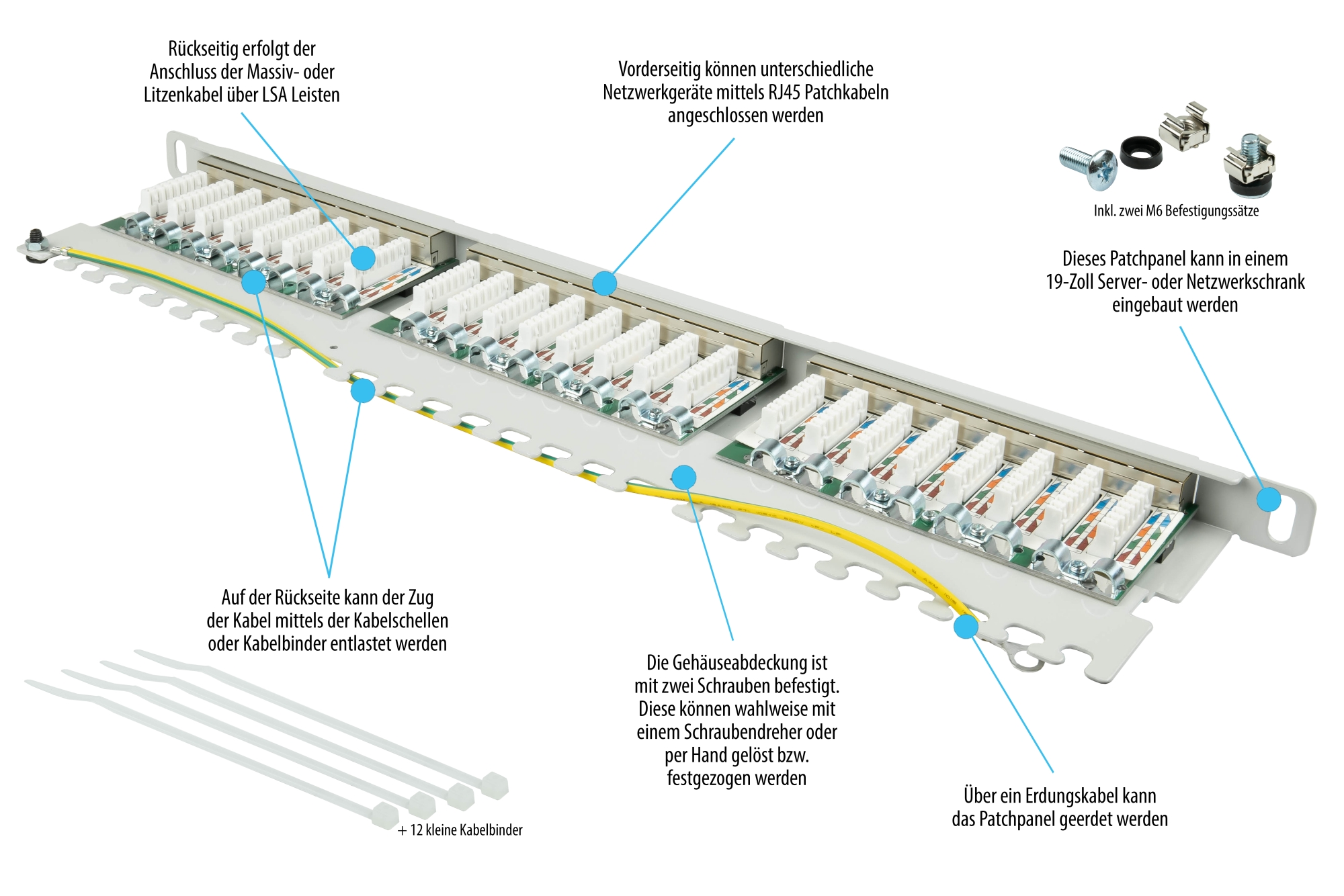 Patch Panel 19" Cat. 6, 24-port, 0,5 U, STP shielded, toolless opening, light grey (RAL7035), Good Connections®