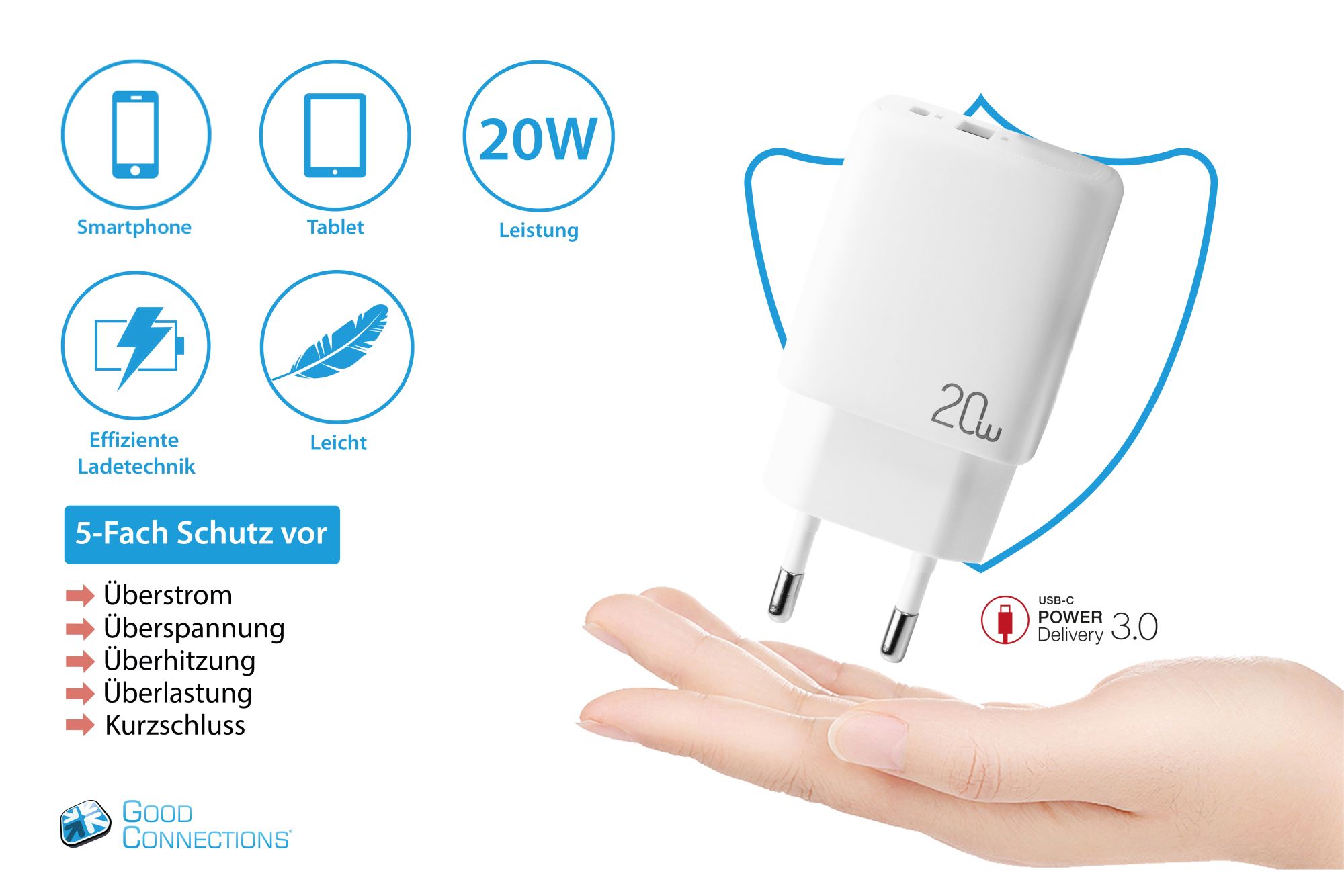 USB-Schnellladegerät 20W, 2-Port (1x USB A, 1x USB C™), PPS, PD 3.0, weiß, Good Connections®