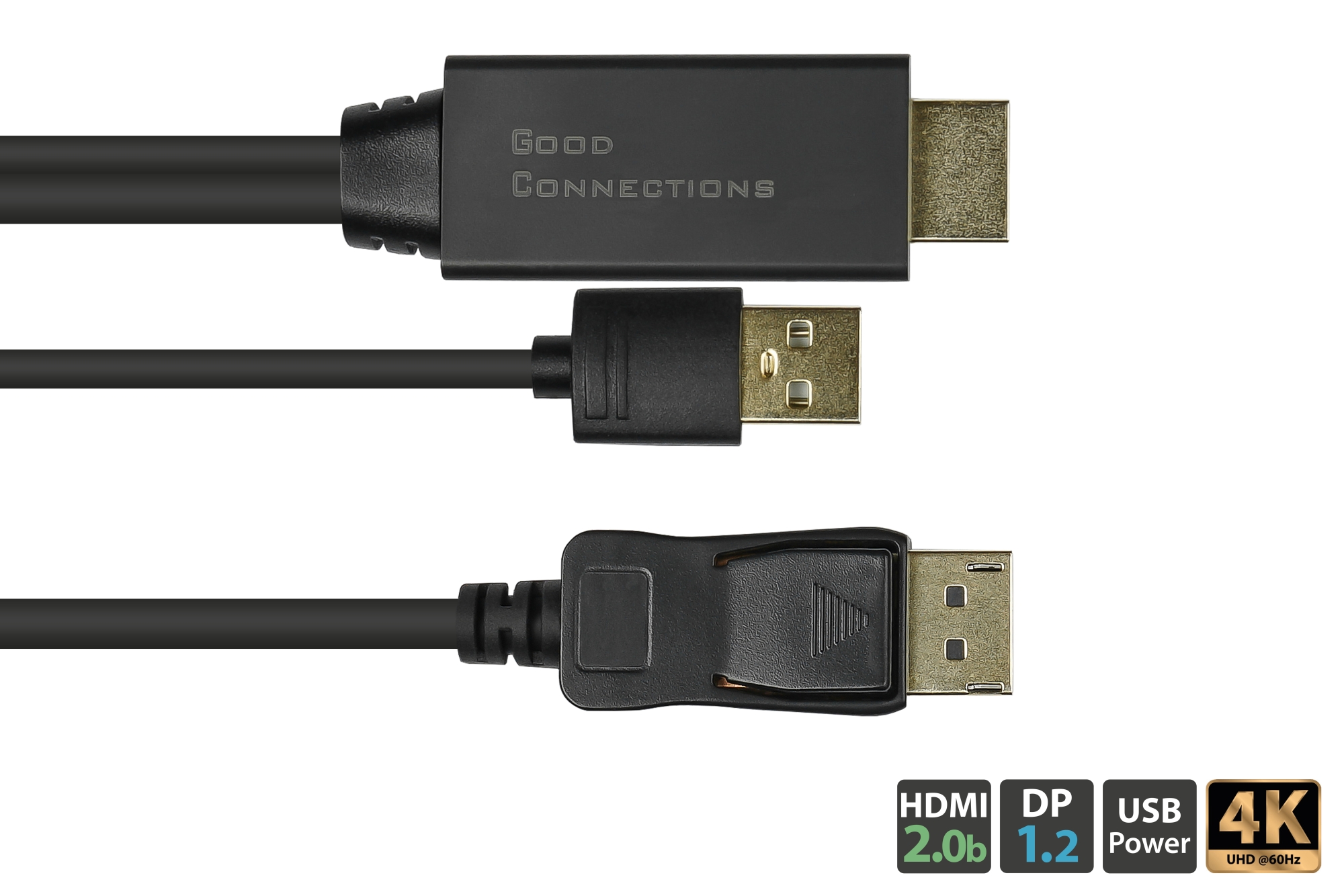 Adapter cable HDMI 2.0b male + USB Power to DisplayPort 1.2 male, 4K @60Hz, gold-plated contacts, copper conductor, black, 2m, Good Connections®