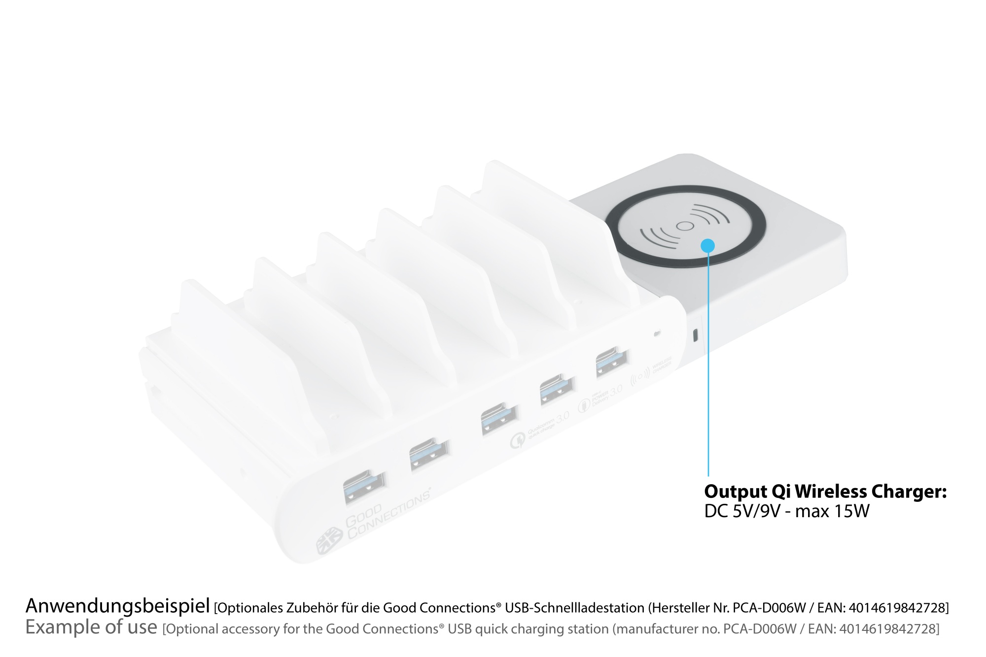 Qi Wireless Charging Pad 15W for Good Connections® USB Desktop Fast Charging Station PCA-D006W (right side)
