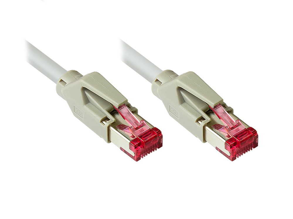 Patchkabel mit Cat. 7 Draka UC900 Rohkabel (900MHz) und Hirose TM21 Stecker (250MHz) beidseitig, S/FTP, PiMF, halogenfrei (LSZH), KUPFER, grau, 22m