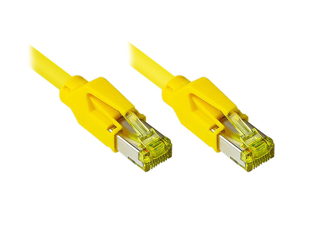 Patchkabel mit Cat. 7 Draka UC900 Rohkabel (900MHz) und Hirose TM31 Stecker (500MHz) beidseitig, S/FTP, PiMF, halogenfrei (LSZH), KUPFER, gelb, 0,5m