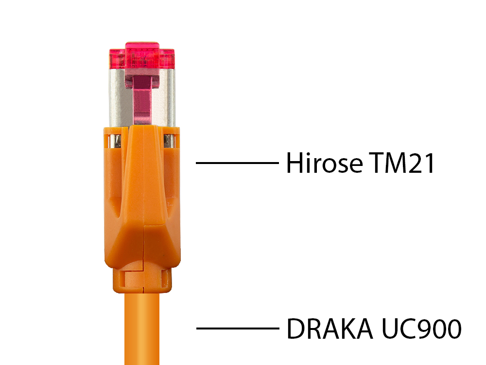 Patchkabel mit Cat. 7 Draka UC900 Rohkabel (900MHz) und Hirose TM21 Stecker (250MHz) beidseitig, S/FTP, PiMF, halogenfrei (LSZH), KUPFER, orange, 29m