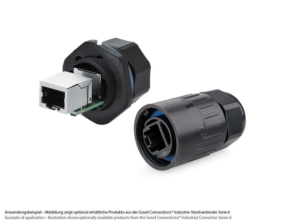 Industrial connector S6 - RJ45 feed-through coupling with PCB board / printed circuit board, RJ45 socket on both sides, bayonet, Good Connections®