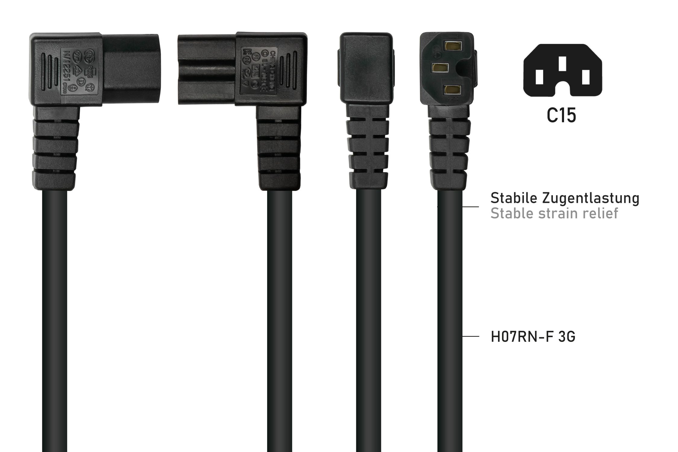 kabelmeister® Netzkabel Schutzkontakt-Stecker Typ E+F (90° gew.) an Warmgeräte-Buchse C15 (r. gew.), schwarz, 1,50mm², 3m