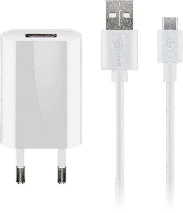 USB-Ladegerät, 1 Port, 1A, flache Bauform, inkl. Anschlusskabel USB Stecker A an Stecker Mirco B, weiß, 1m