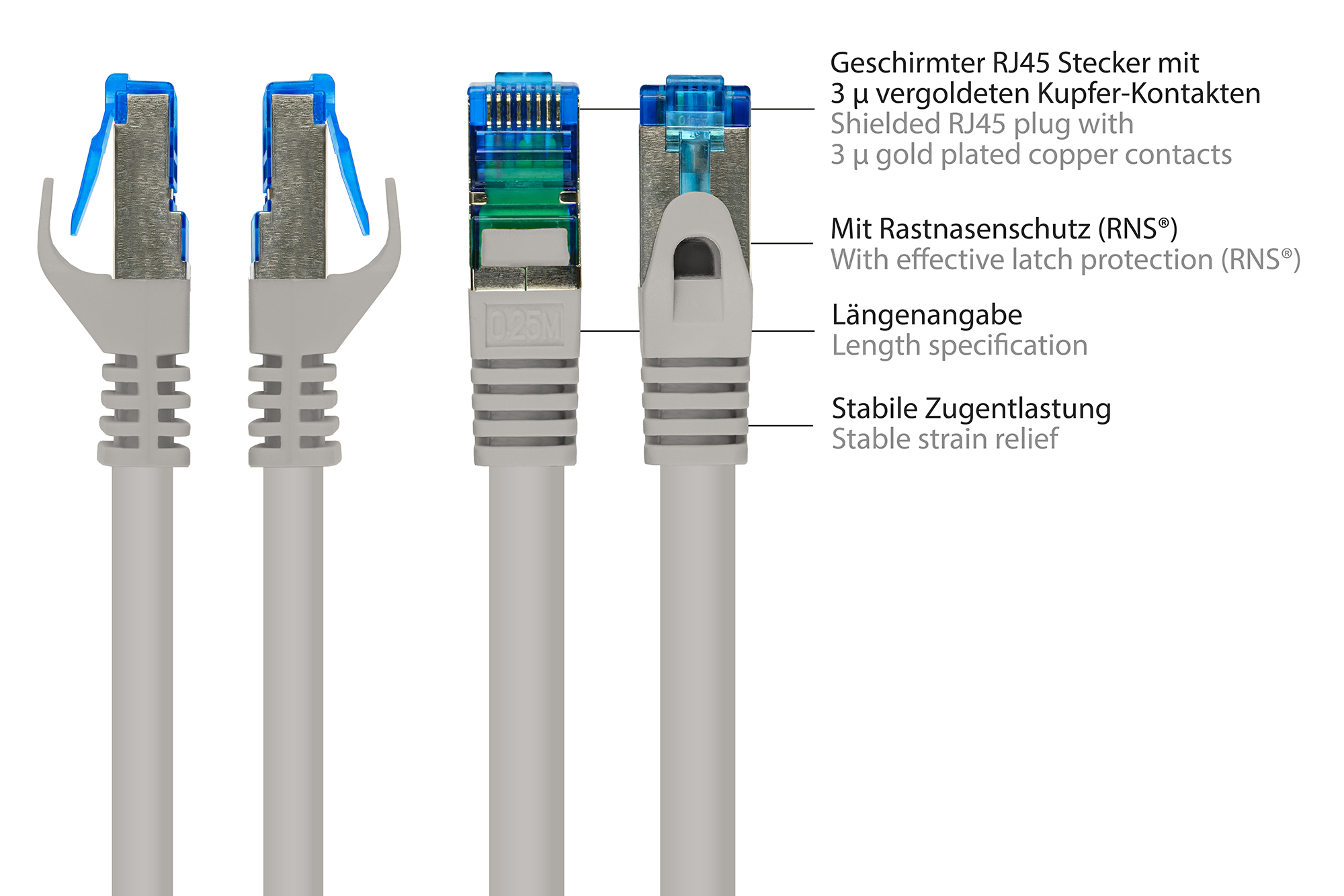 RNS® Patchkabel mit Rastnasenschutz, Cat. 6A, S/FTP, PiMF, halogenfrei, 500MHz, grau, 0,25m, Good Connections®