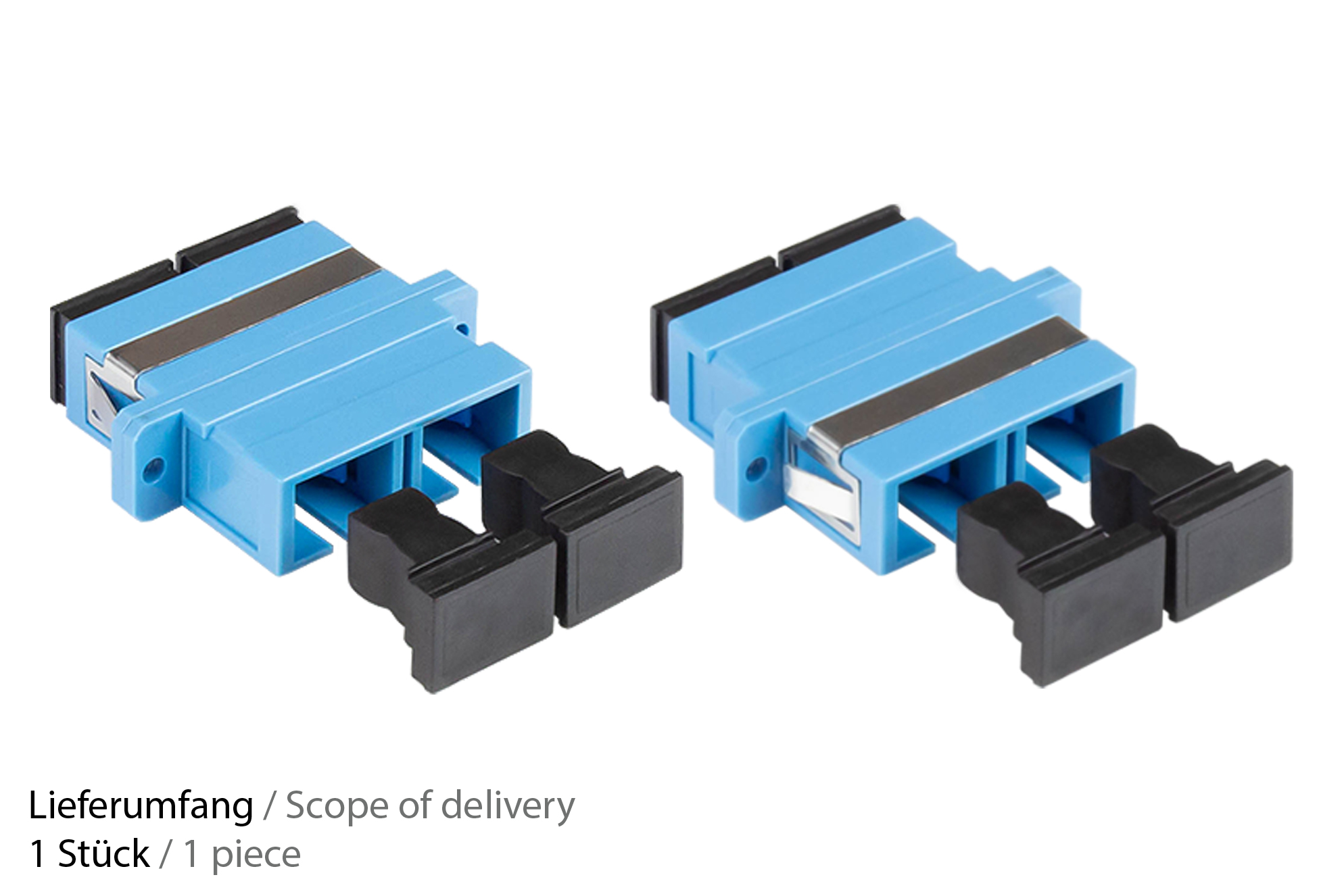 Fibre optic duplex coupling, SC (UPC) to SC (UPC), OS2, single mode, plastic housing with flange, ceramic sleeve, blue, Good Connections®