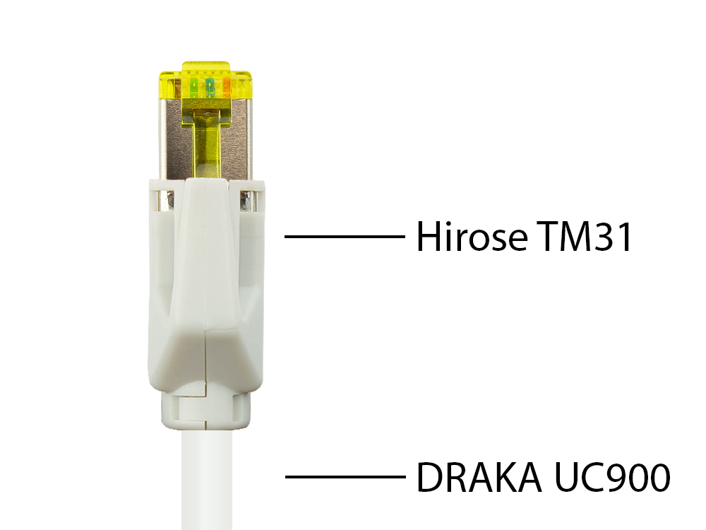 Patchkabel mit Cat. 7 Draka UC900 Rohkabel (900MHz) und Hirose TM31 Stecker (500MHz) beidseitig, S/FTP, PiMF, halogenfrei (LSZH), KUPFER, weiß, 6m