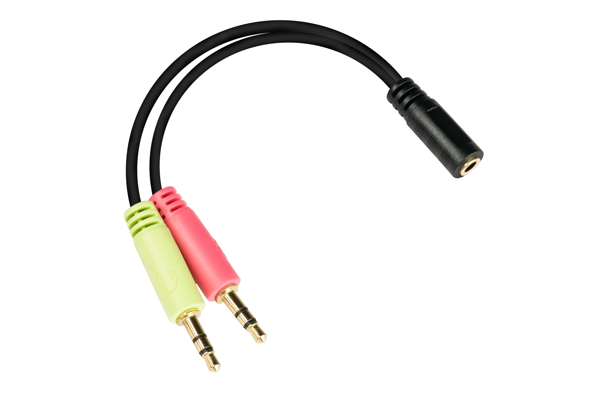 Headset adapter, 2x 3-pin 3.5mm jack plug to 4-pin 3.5mm jack socket, OMTP pin assignment, black, 0.2m, Good Connections®