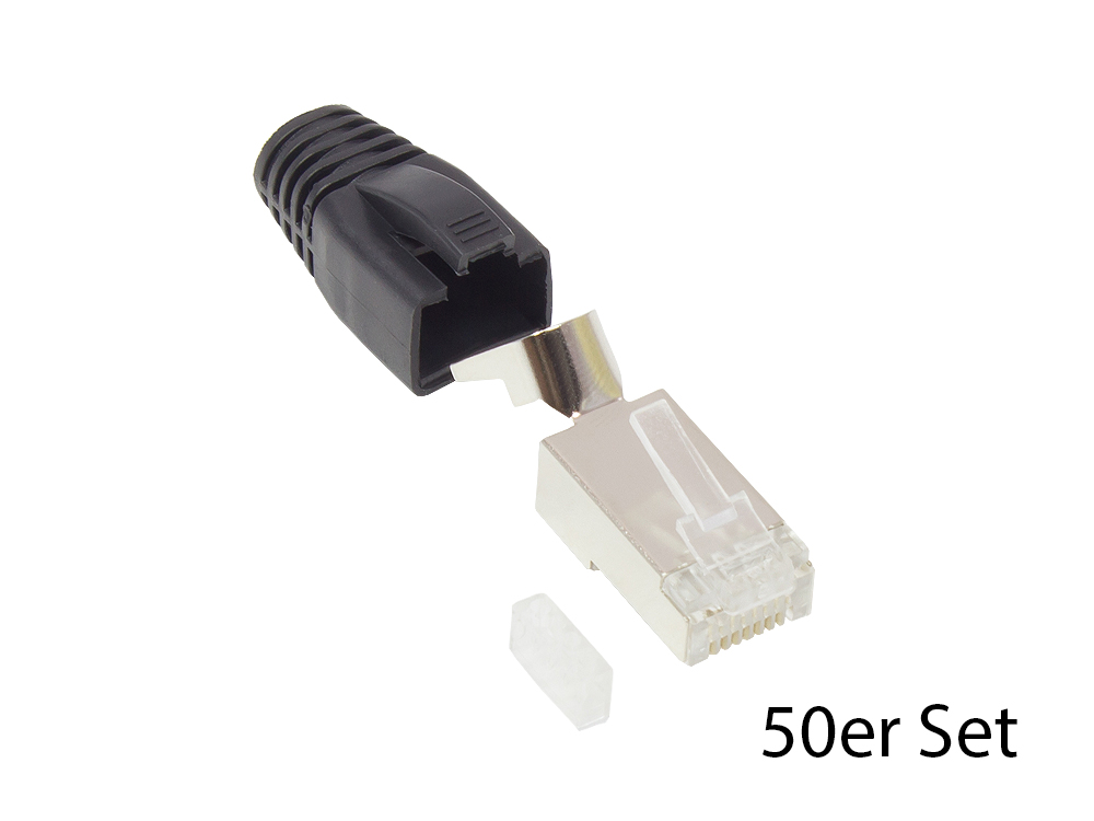 RJ45 Network plug Cat.6A, shielded, for Cat.7, Cat.6A, Cat.6 cable, within kink protection and threading help, black, set of 50 pcs., Good Connections