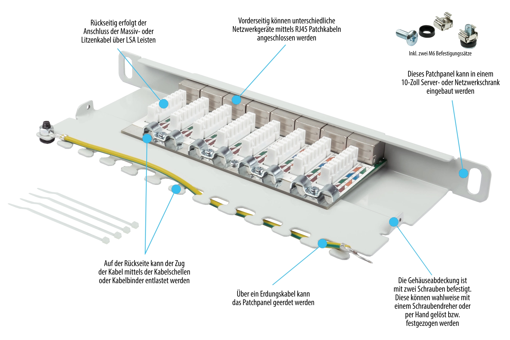 Patch Panel 10" Cat. 6A, 8-port, 0,5 U, STP shielded, toolless opening, light grey (RAL7035), Good Connections®