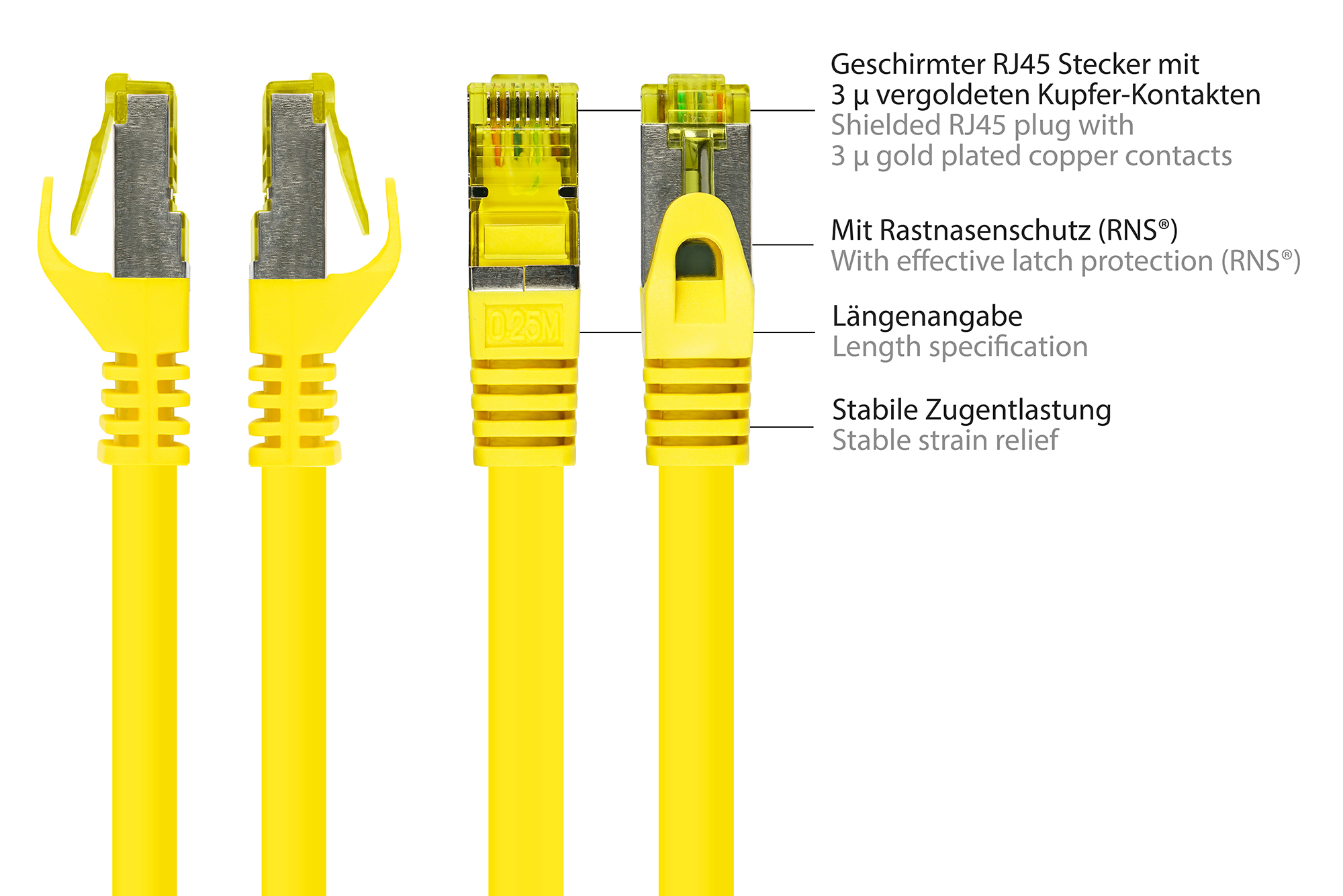 RJ45 Patchkabel mit Cat. 7 Rohkabel und Rastnasenschutz (RNS®), S/FTP, PiMF, halogenfrei, 500MHz, OFC, gelb, 30m, Good Connections®