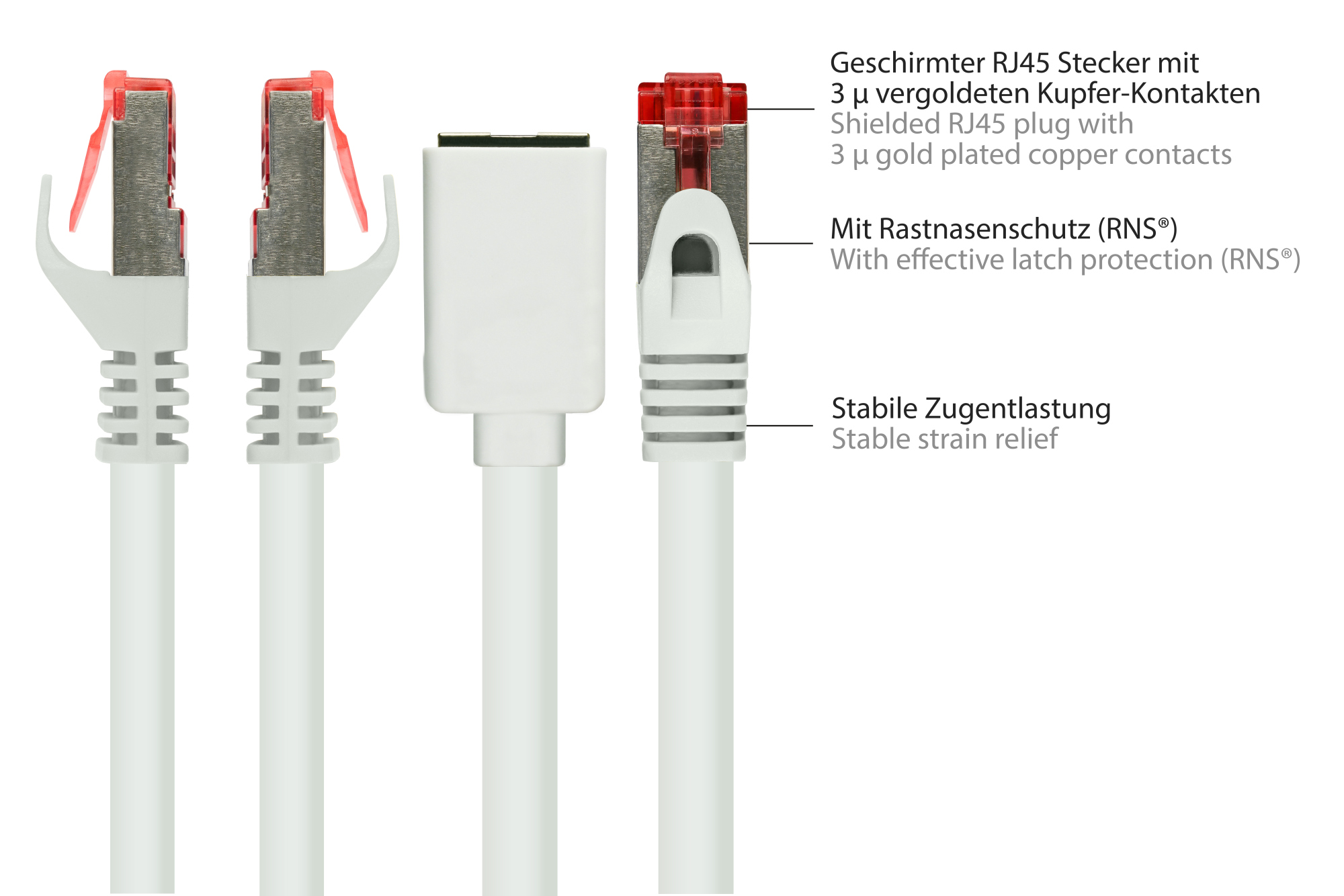 RNS® Patchkabelverlängerung mit Rastnasenschutz, Cat. 6, S/FTP, PiMF, PVC, 250MHz, OFC, CU, weiß, 3m, Good Connections®