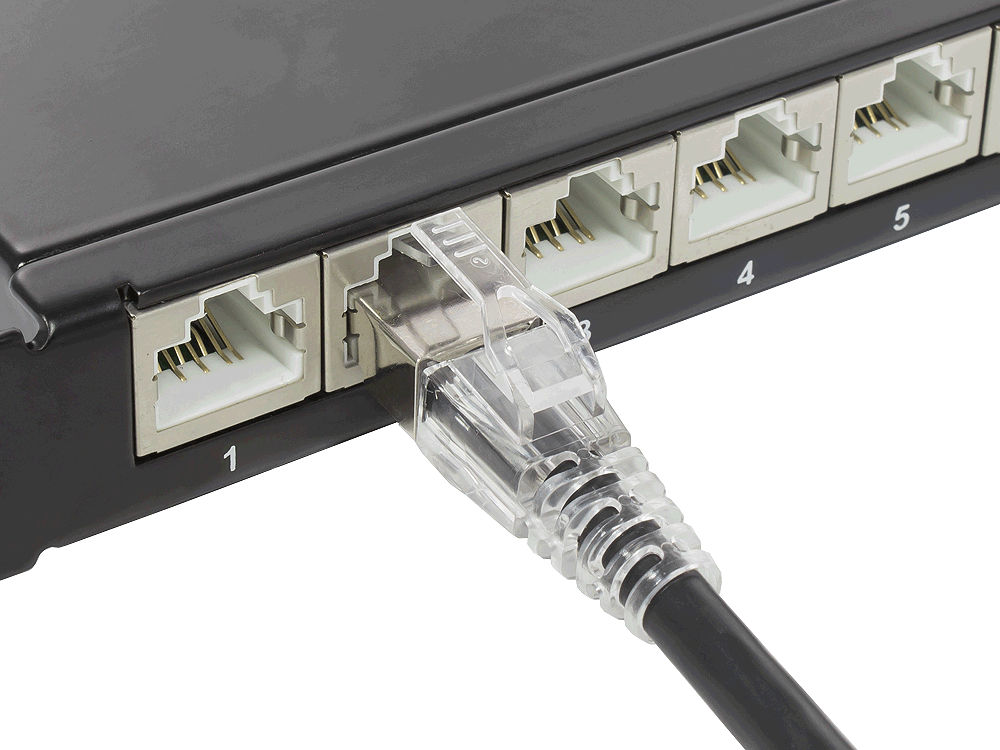 RNS® Patchkabel mit Rastnasenschutz und Verriegelung, Cat. 6A, S/FTP, PiMF, halogenfrei (LSZH), 500MHz, schwarz, 0,5m, Good Connections®