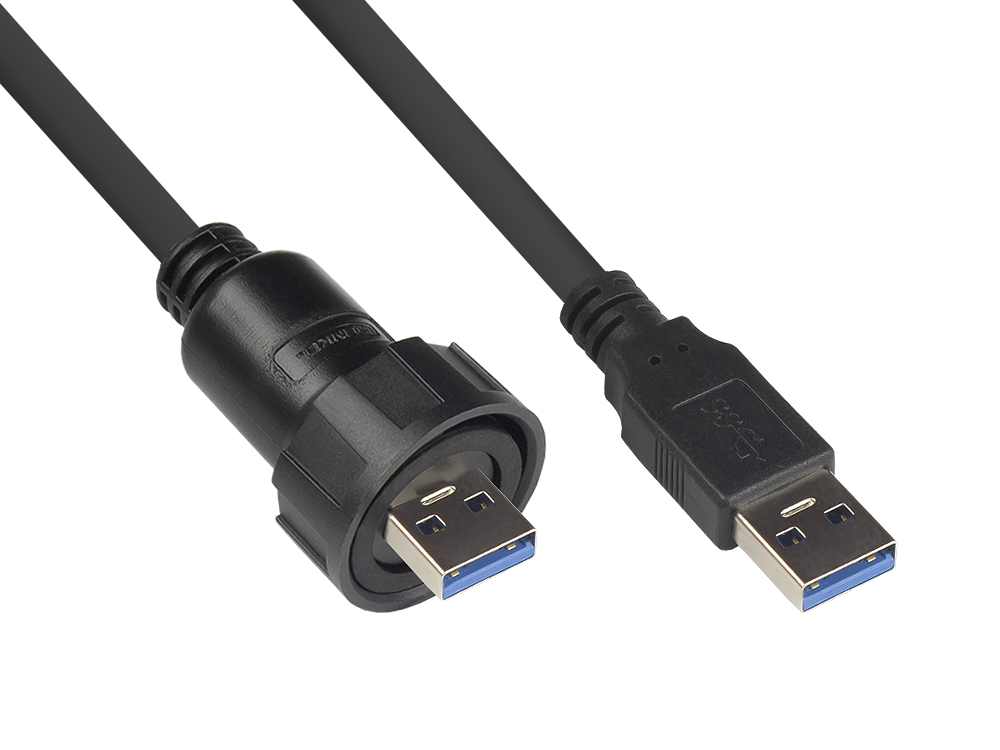 Industrial Connector S4 - USB 3.0 cable, plug A with cable gland on plug A, bayonet, IP67, black, 1m, Good Connections®