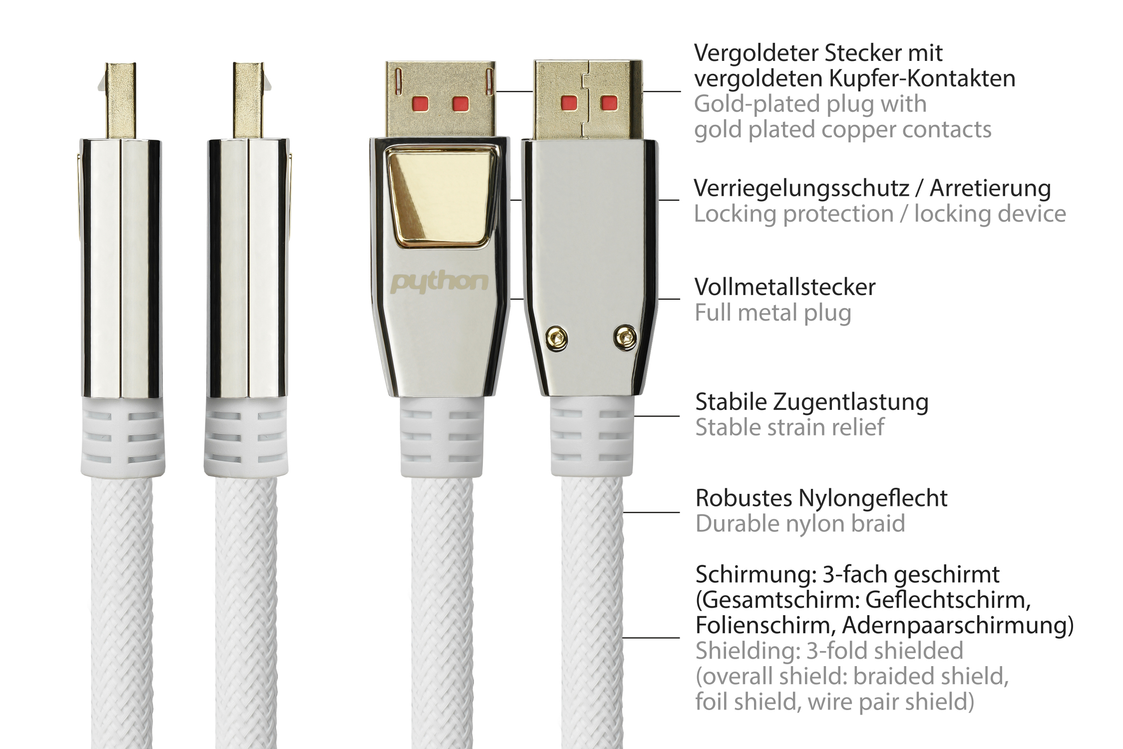 DisplayPort 1.4 cable, 8K / UHD-2 @60Hz, full metal plugs, gold-plated contacts, OFC, nylon mesh white, 5m, PYTHON® Series