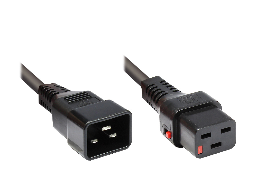 Kaltgeräteverlängerung C20 an C19 mit IEC Lock, schwarz, 1m, Good Connections®