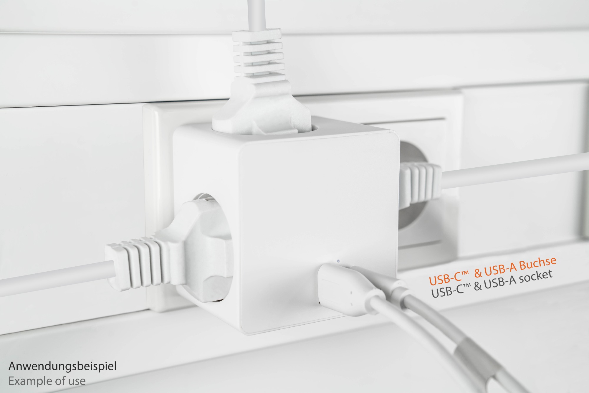 Steckdosenwürfel mit 3x Schutzkontakt-Buchse, USB-C™ (20W, PD 3.0) und USB-A Buchse (18W), weiß