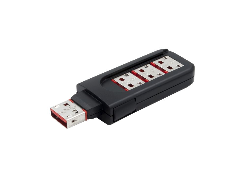 USB Schlüssel mit vier Abdeckungskappen für USB 2.0 / 3.0 A-Buchsen, abschliessbar, Rot, Exsys® [EX-1114-R]