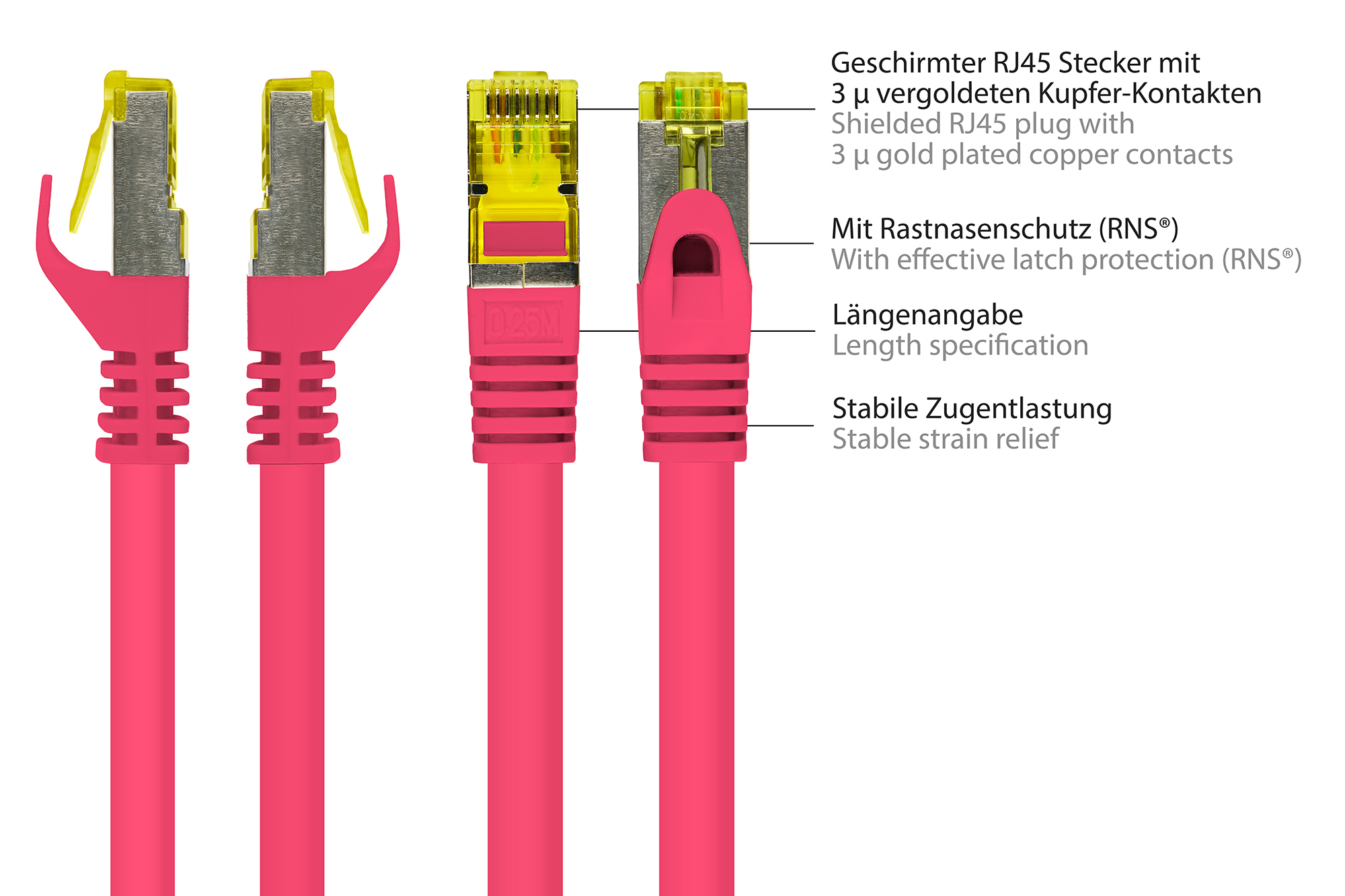 RJ45 Patchkabel mit Cat. 7 Rohkabel und Rastnasenschutz (RNS®), S/FTP, PiMF, halogenfrei, 500MHz, OFC, magenta, 25m, Good Connections®