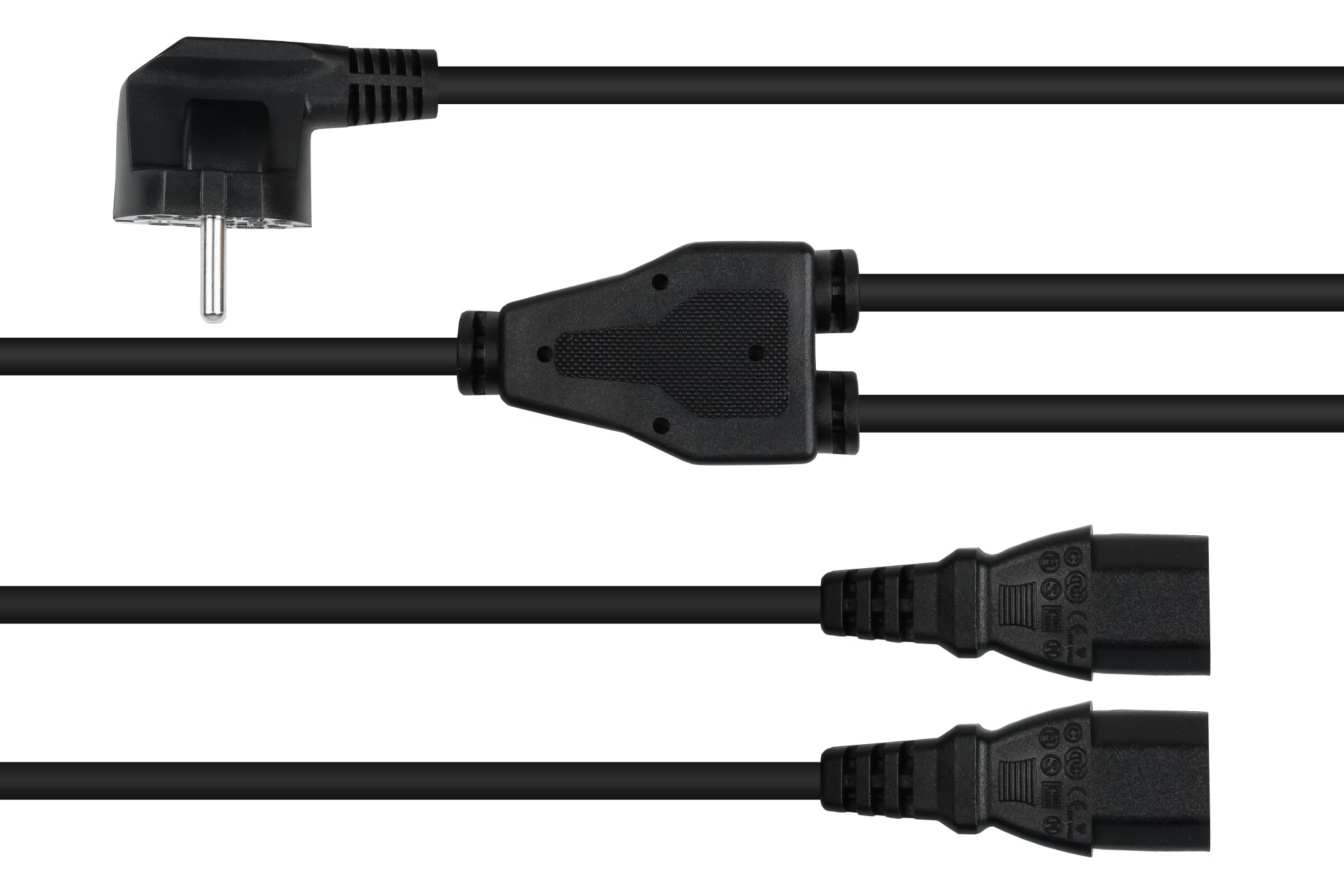 kabelmeister® Y-Netzkabel Schutzkontakt-Stecker Typ E+F (CEE 7/7, gewinkelt) an 2x Buchse C13, schwarz, 2m