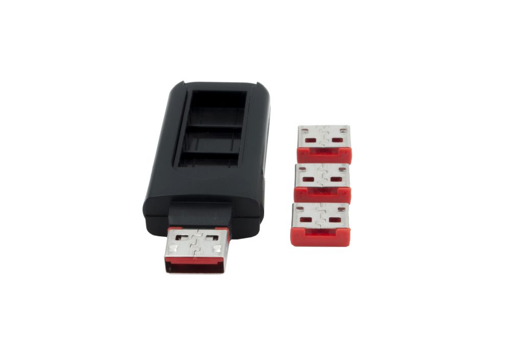USB Schlüssel mit vier Abdeckungskappen für USB 2.0 / 3.0 A-Buchsen, abschliessbar, Rot, Exsys® [EX-1114-R]