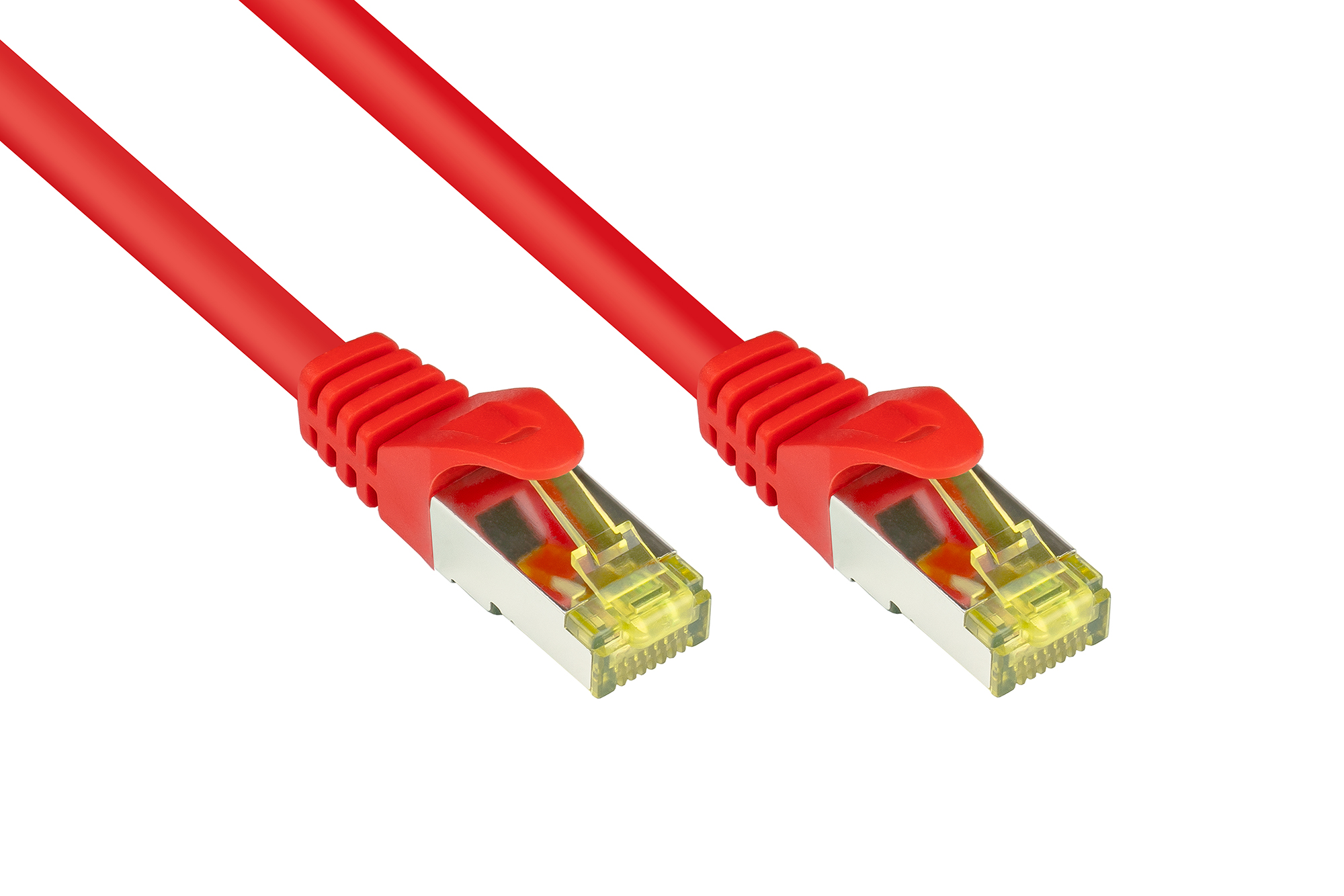 RJ45 Patchkabel mit Cat. 7 Rohkabel und Rastnasenschutz (RNS®), S/FTP, PiMF, halogenfrei, 500MHz, OFC, rot, 1m, Good Connections®