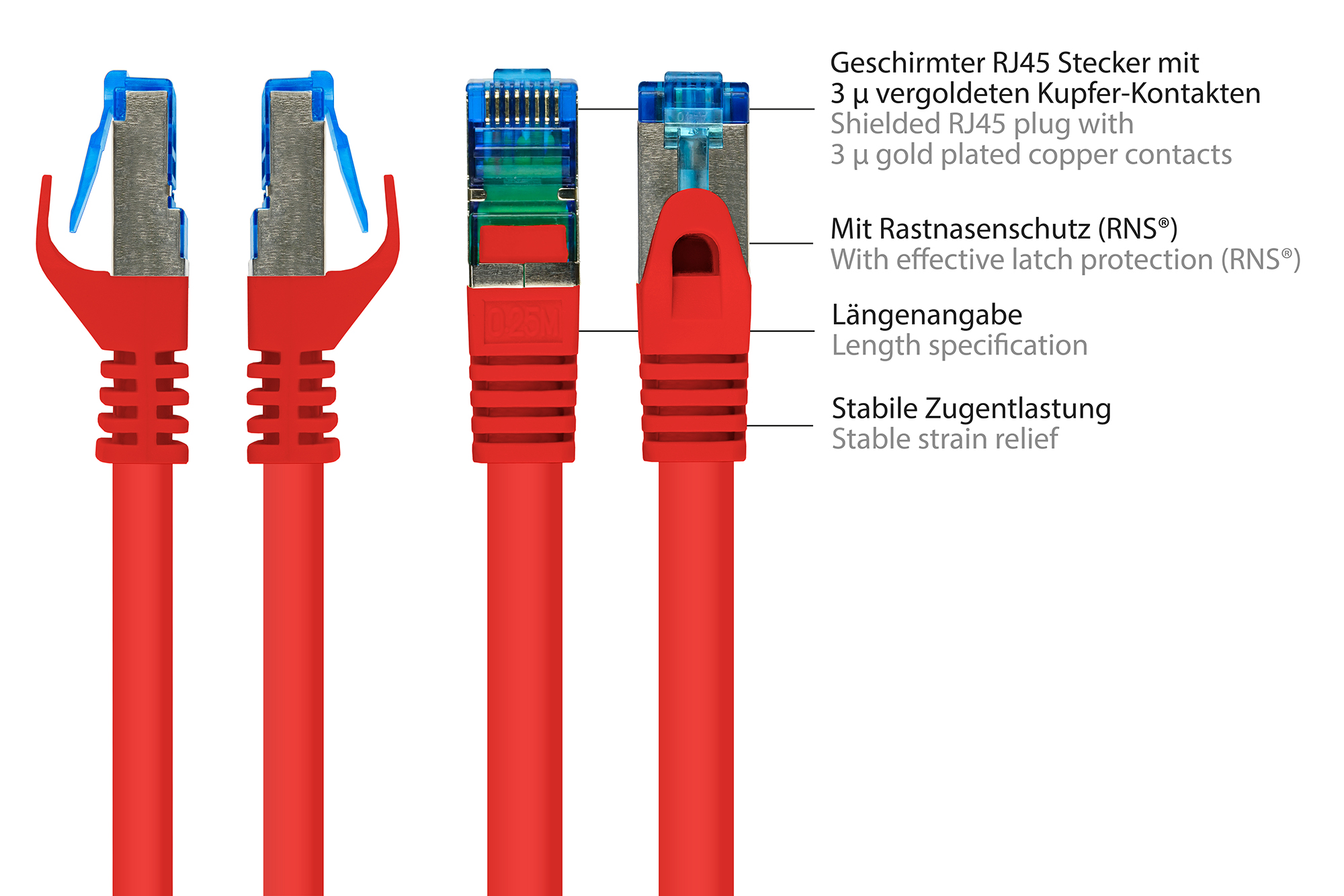RNS® Patchkabel mit Rastnasenschutz, Cat. 6A, S/FTP, PiMF, halogenfrei, 500MHz, rot, 20m, Good Connections®