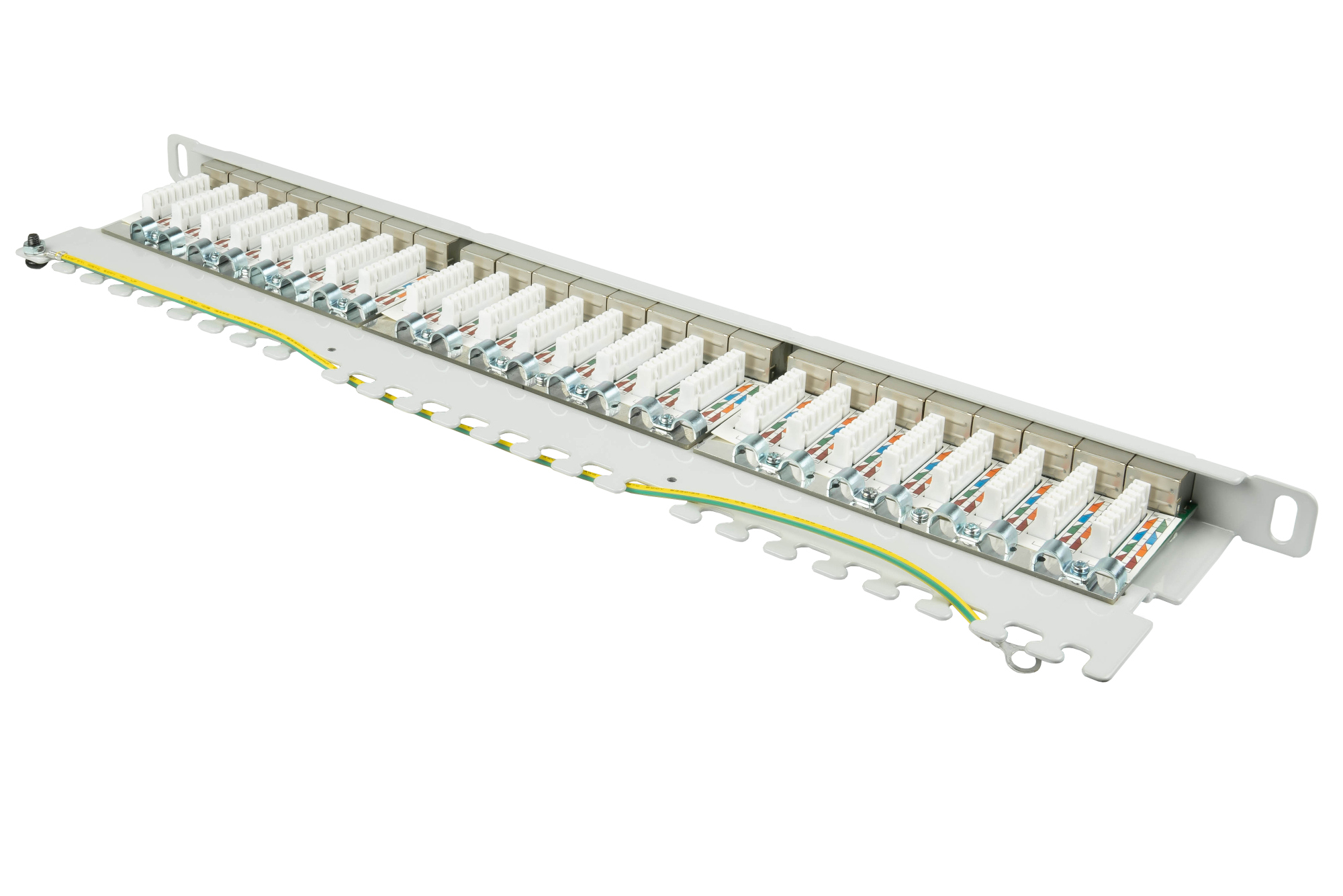 Patchpanel 19" Cat. 6A, 24-Port, 0,5 HE, STP geschirmt, werkzeugloses Öffnen, Lichtgrau (RAL7035), Good Connections®
