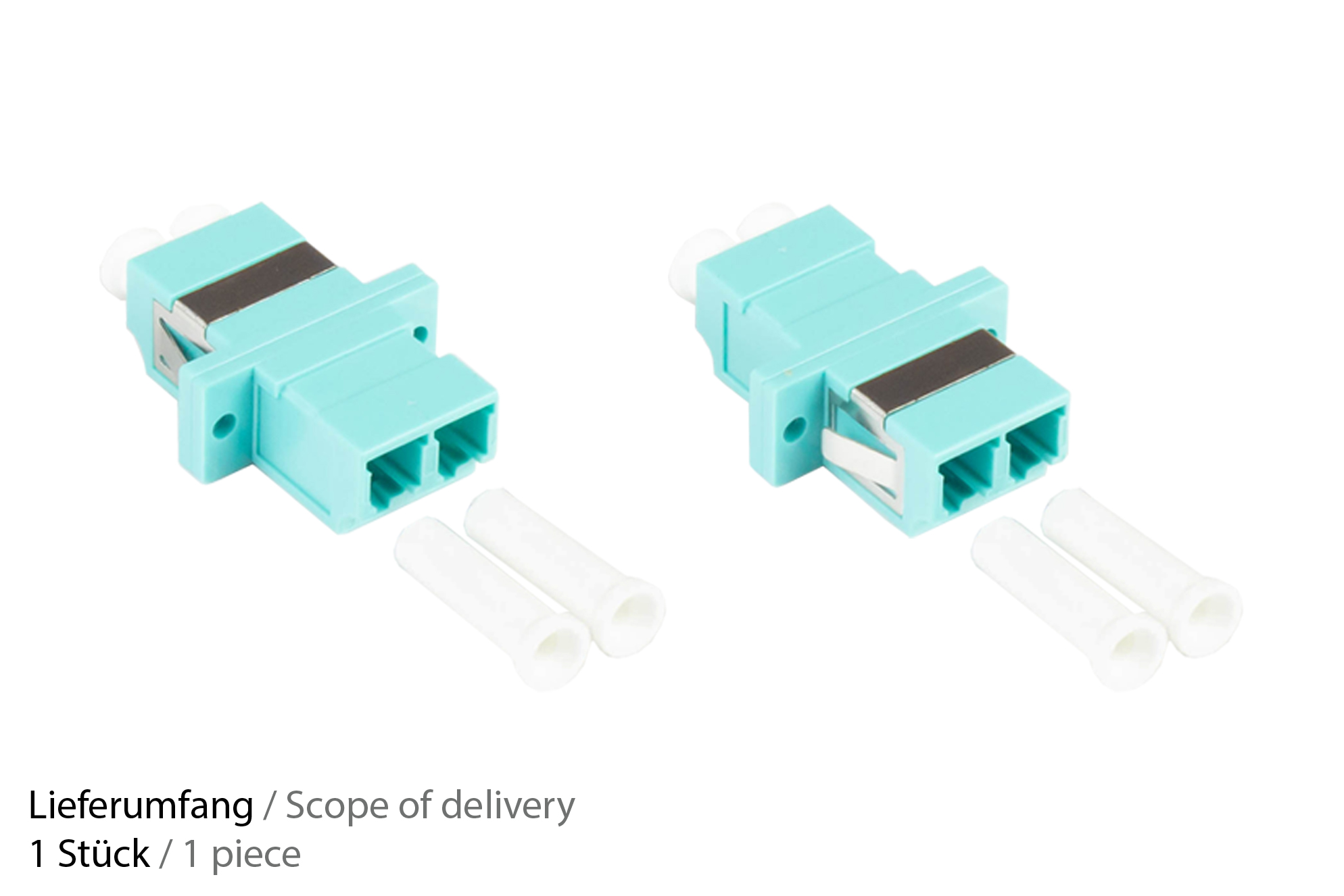 Fibre optic duplex coupling, LC (UPC) to LC (UPC), OM3, Multimode, plastic housing with flange, ceramic sleeve, aqua, Good Connections®