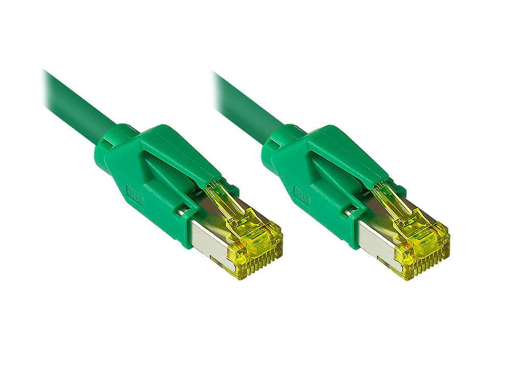 Patchkabel mit Cat. 7 Draka UC900 Rohkabel (900MHz) und Hirose TM31 Stecker (500MHz) beidseitig, S/FTP, PiMF, halogenfrei (LSZH), KUPFER, grün, 15m