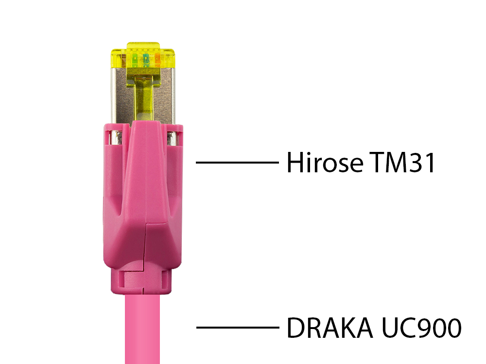 Patchkabel mit Cat. 7 Draka UC900 Rohkabel (900MHz) und Hirose TM31 Stecker (500MHz) beidseitig, S/FTP, PiMF, halogenfrei (LSZH), KUPFER, magenta, 22m