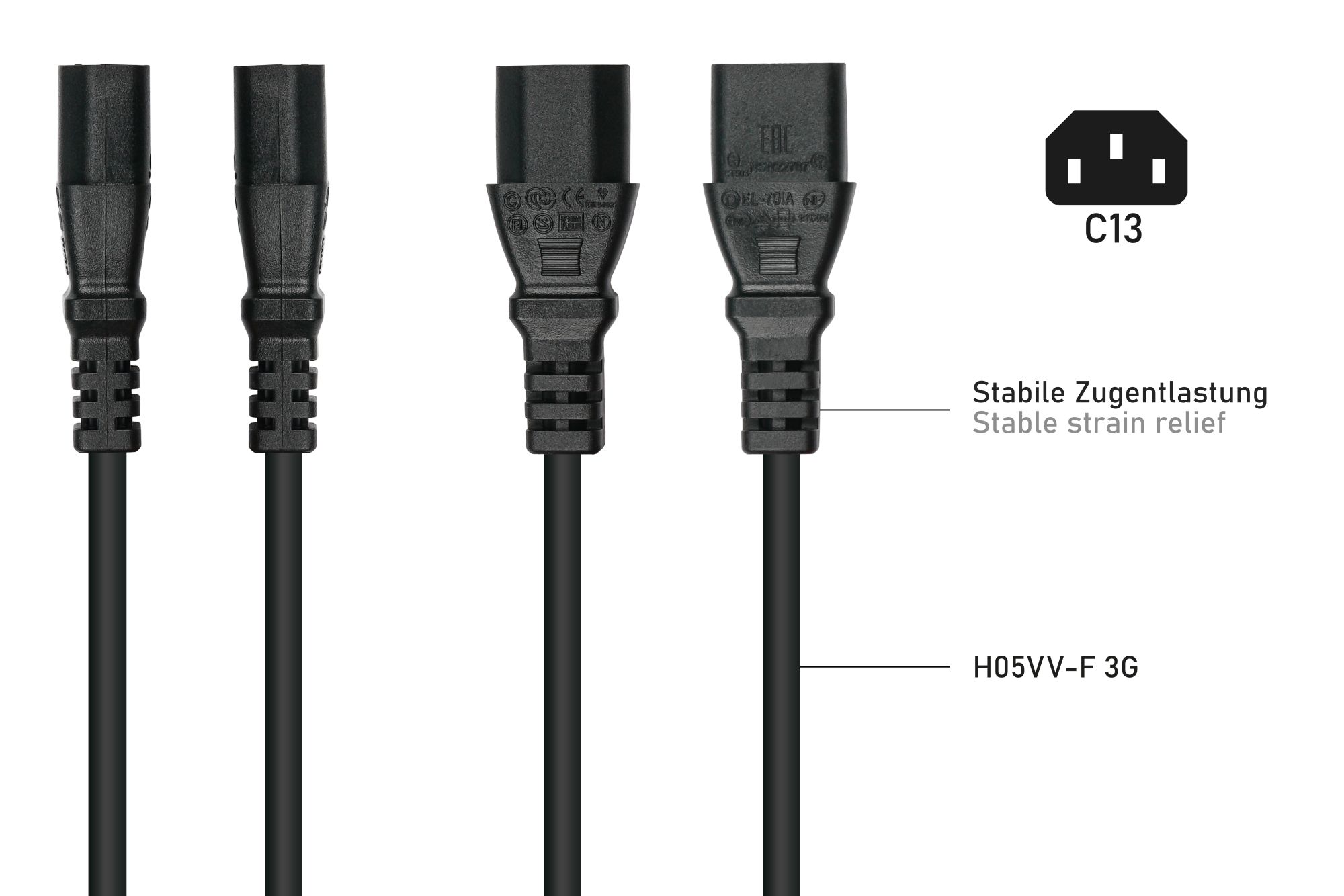kabelmeister® Kaltgeräteverlängerung Kaltgeräte-Stecker C14 (gerade) an Kaltgeräte-Buchse C13 (gerade), schwarz, 1,00mm², 5m